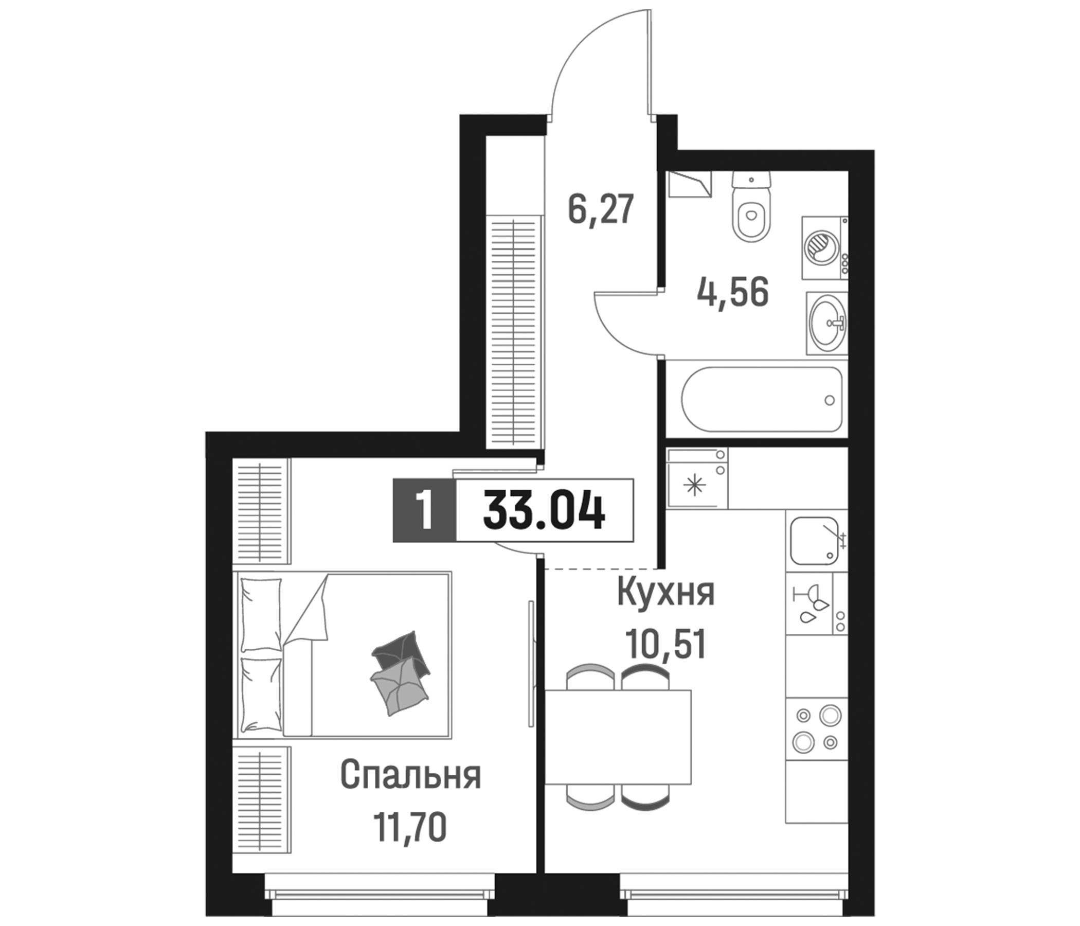 Планировка — Максималист, 1-комн., 33 м²