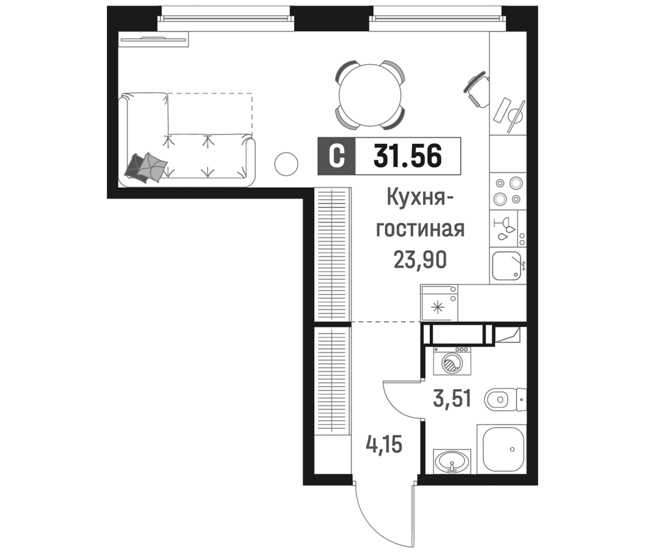 Планировка — Максималист, Студия, 32 м²