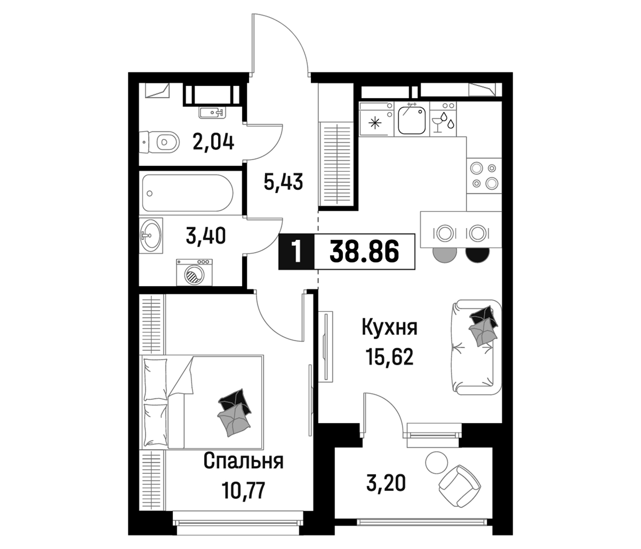 Планировка — Максималист, 2-комн., 37 м²