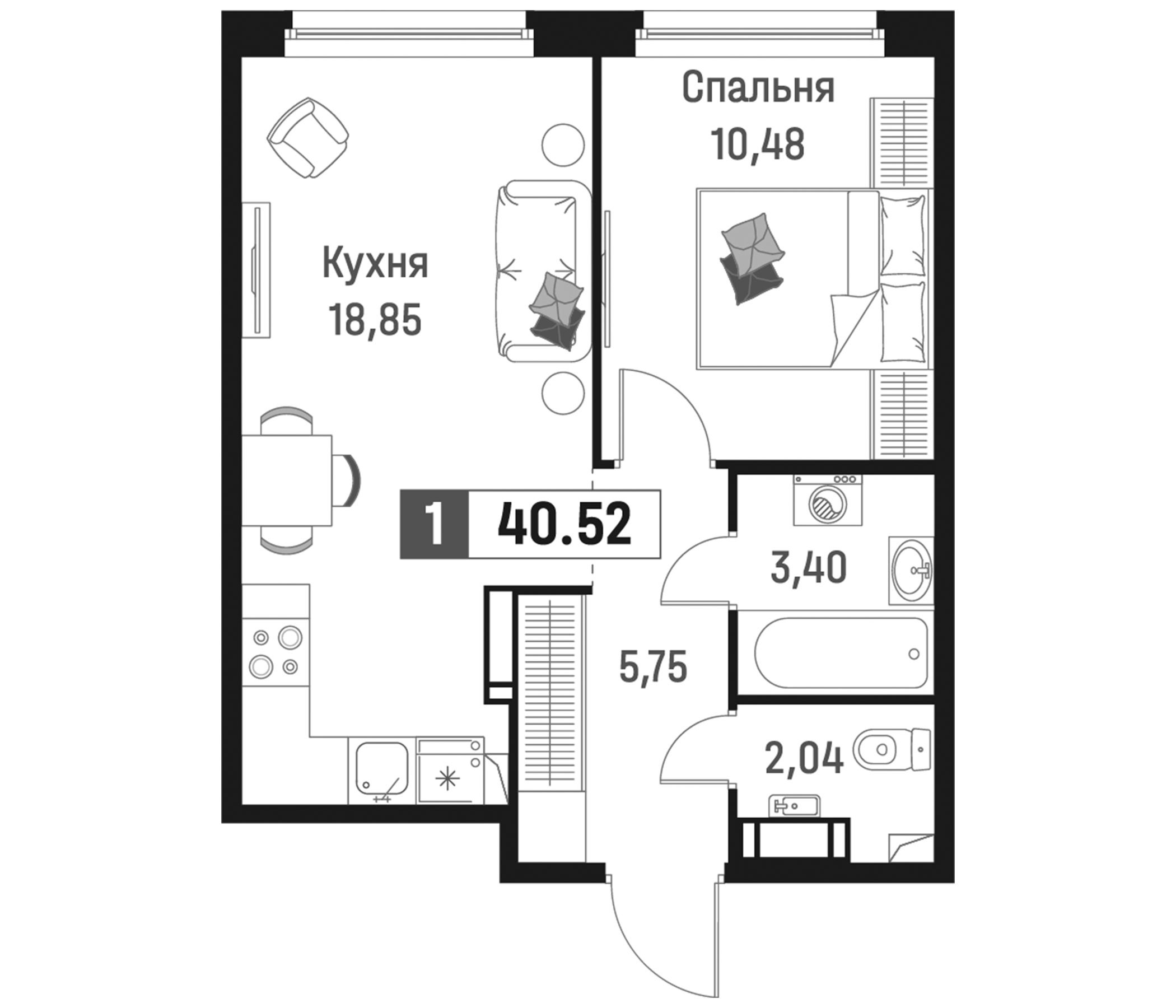 Планировка — Максималист, 2-комн., 41 м²