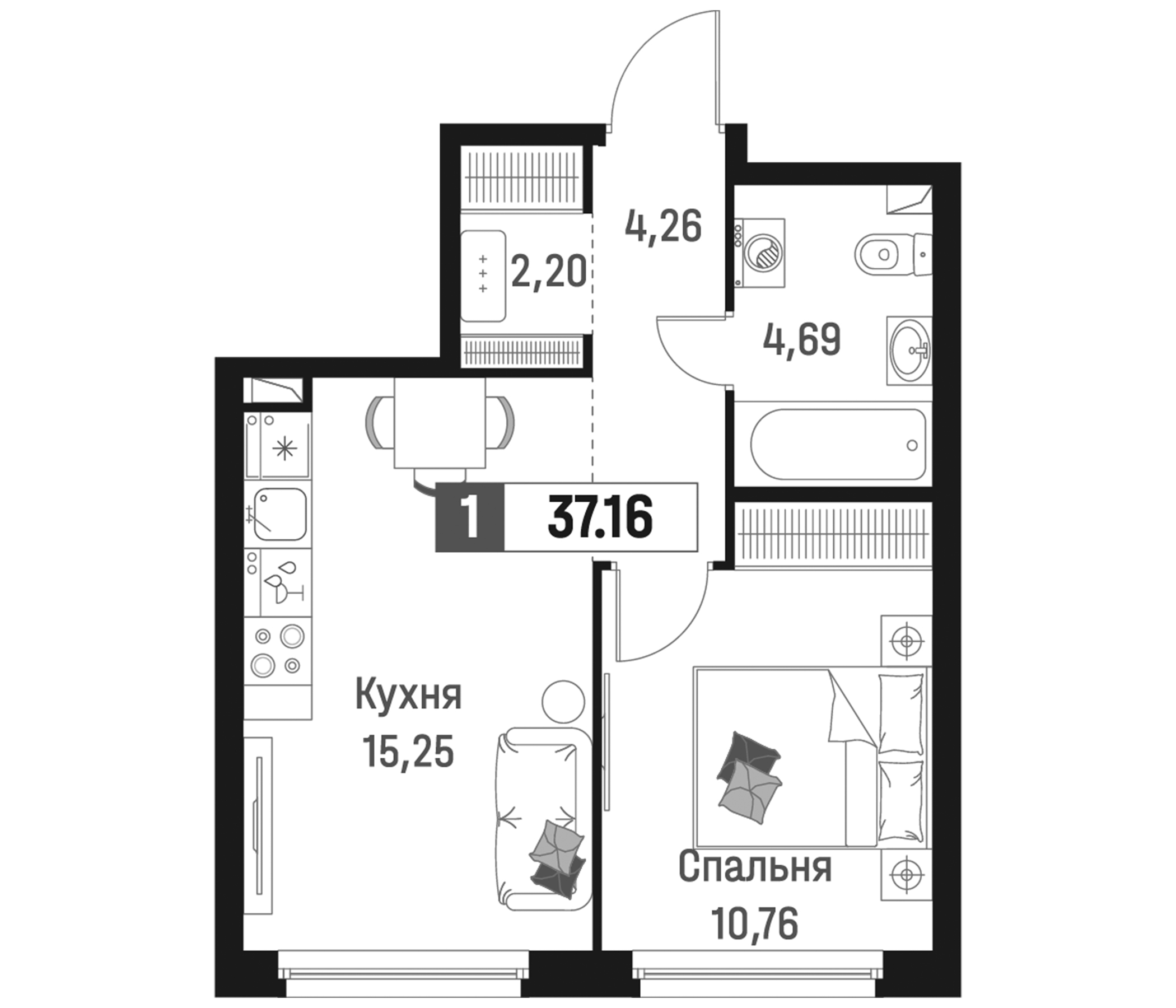 Планировка — Максималист, 2-комн., 37 м²
