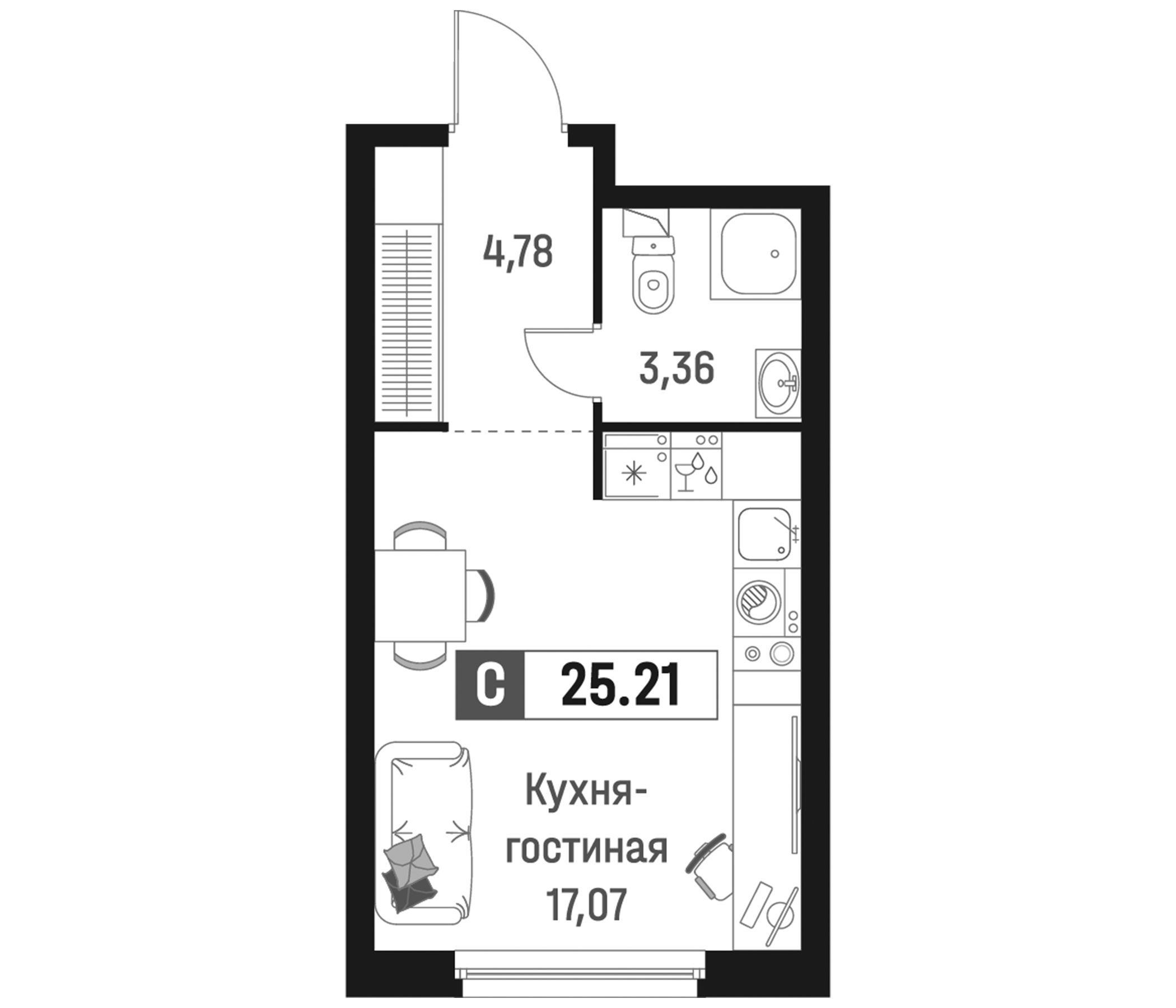 Планировка — Максималист, Студия, 25 м²