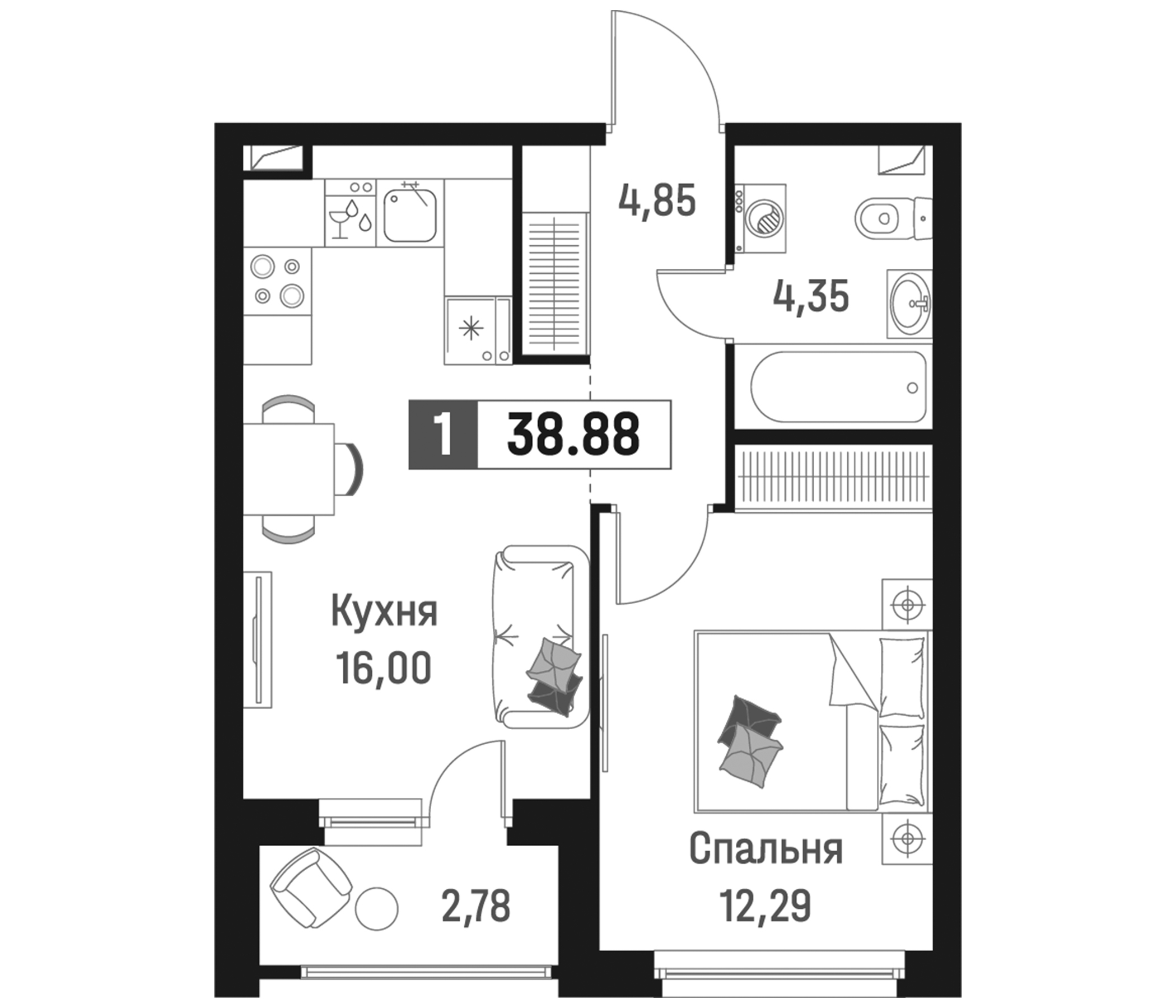 Планировка — Максималист, 2-комн., 37 м²