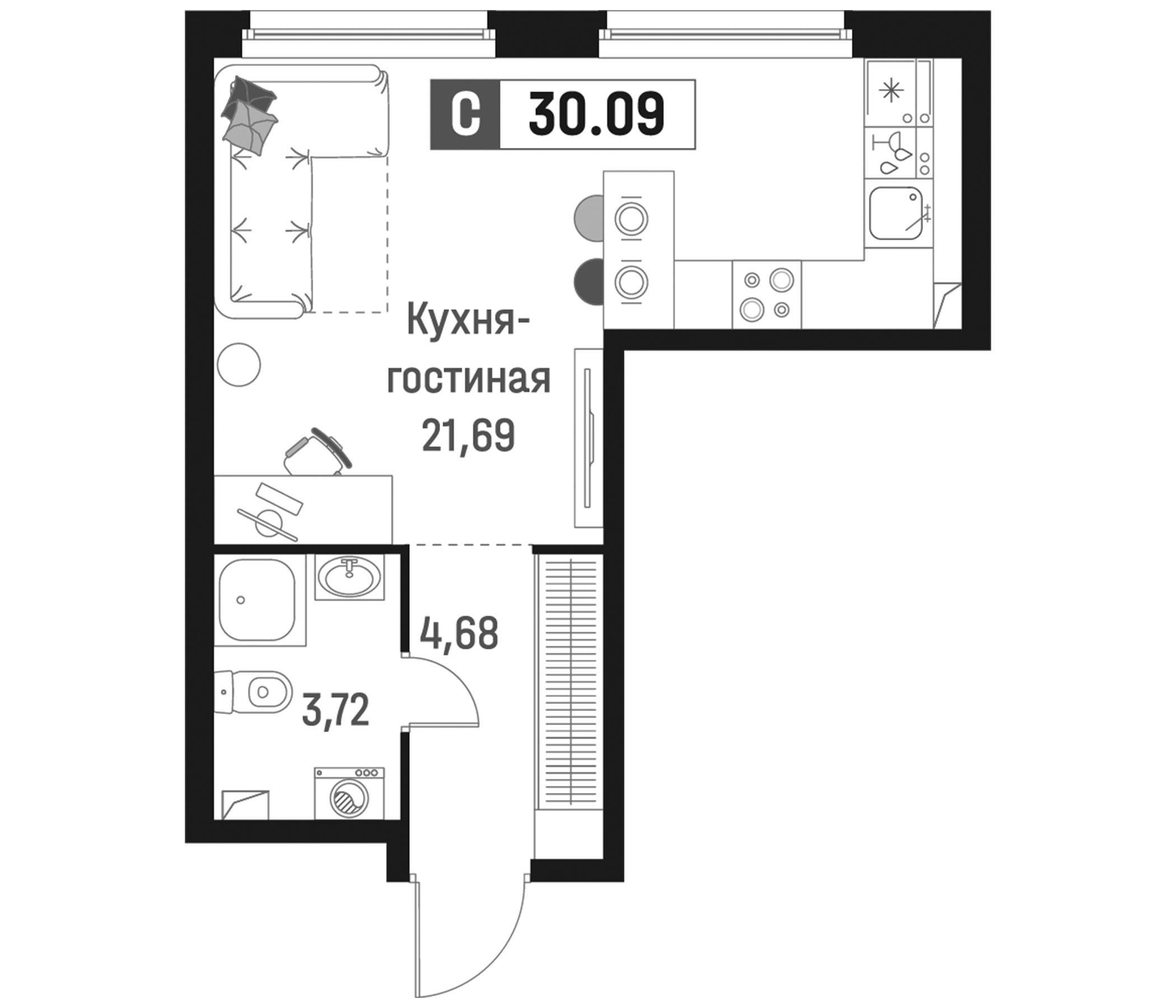 Планировка — Максималист, Студия, 30 м²