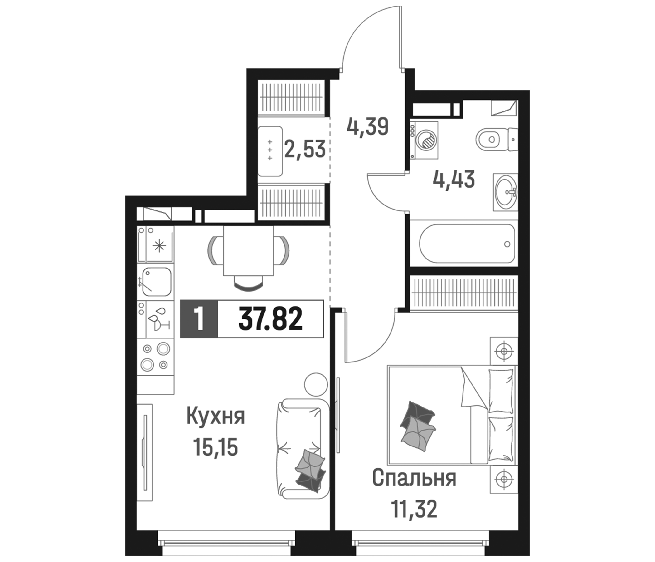 Планировка — Максималист, 2-комн., 38 м²