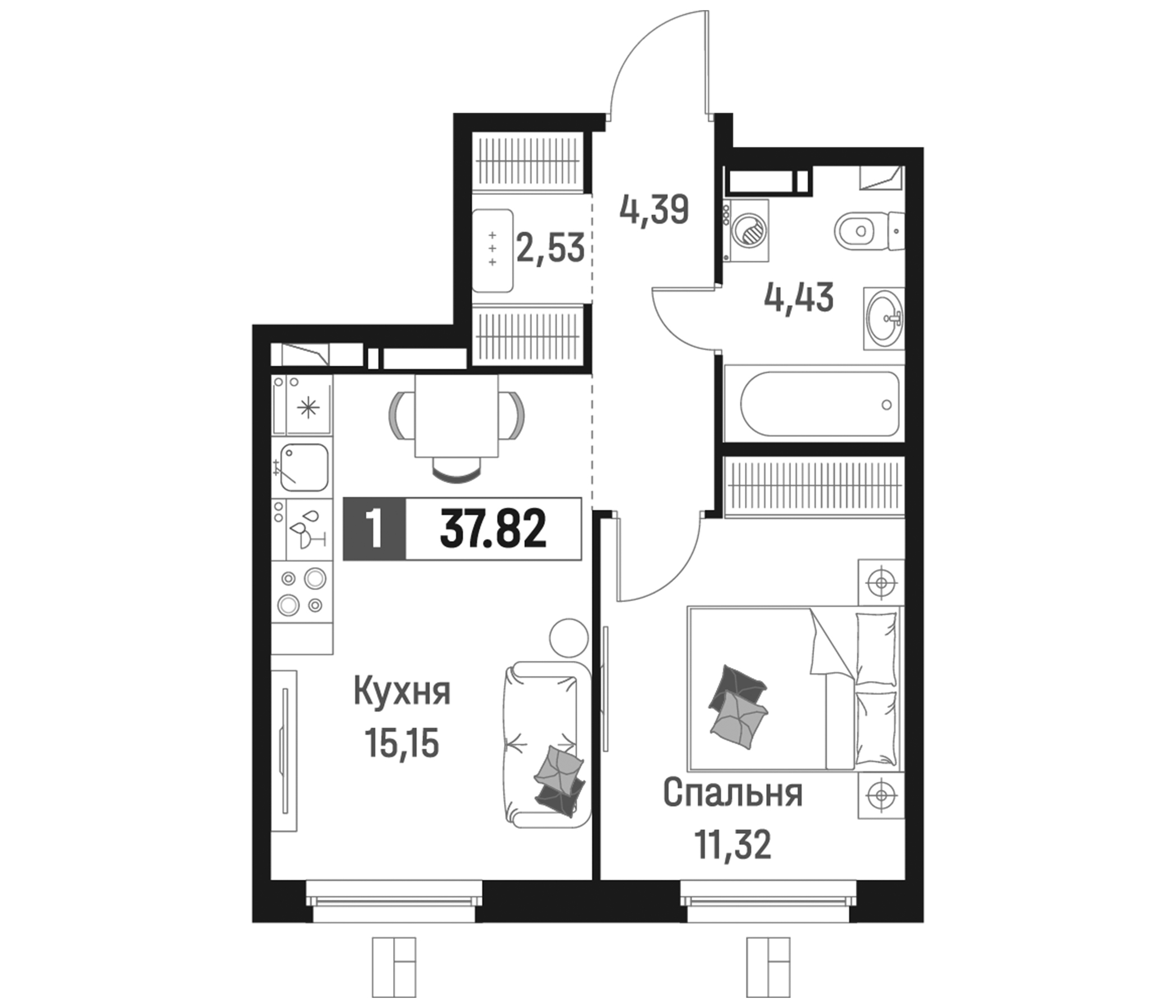 Планировка — Максималист, 2-комн., 38 м²