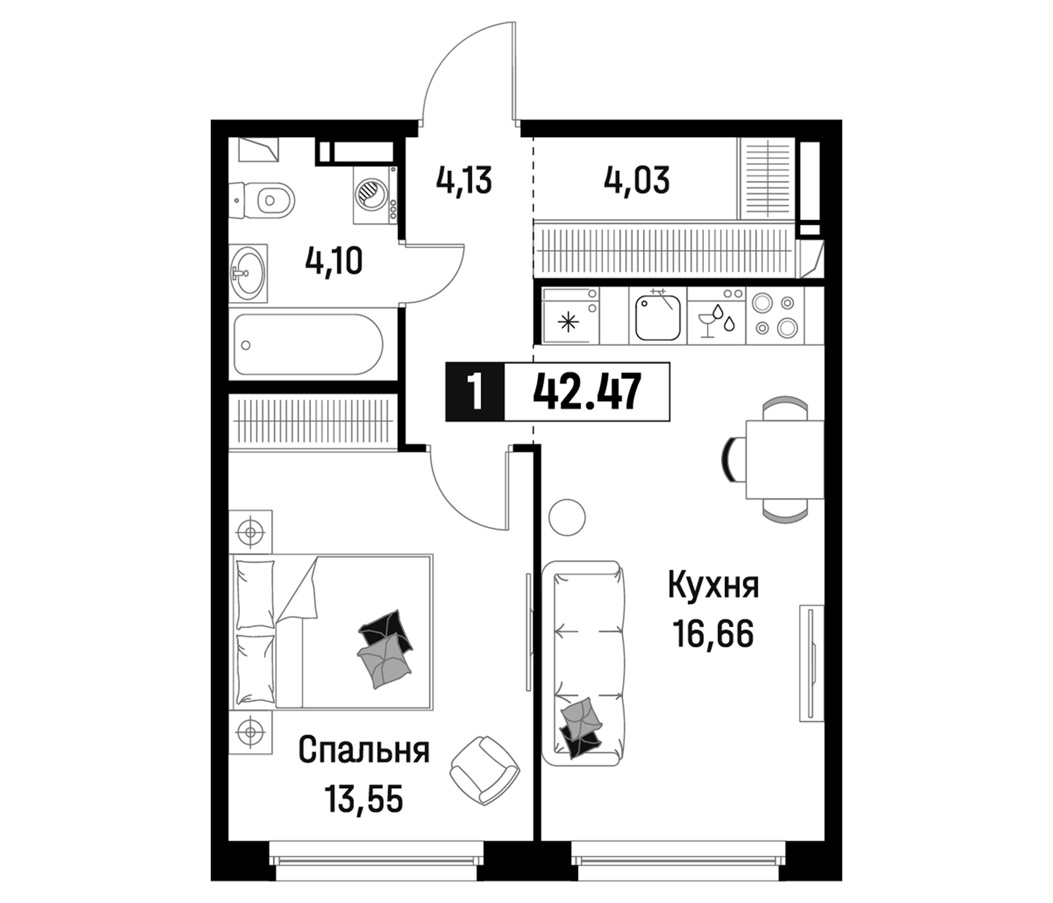 Планировка — Максималист, 2-комн., 42 м²