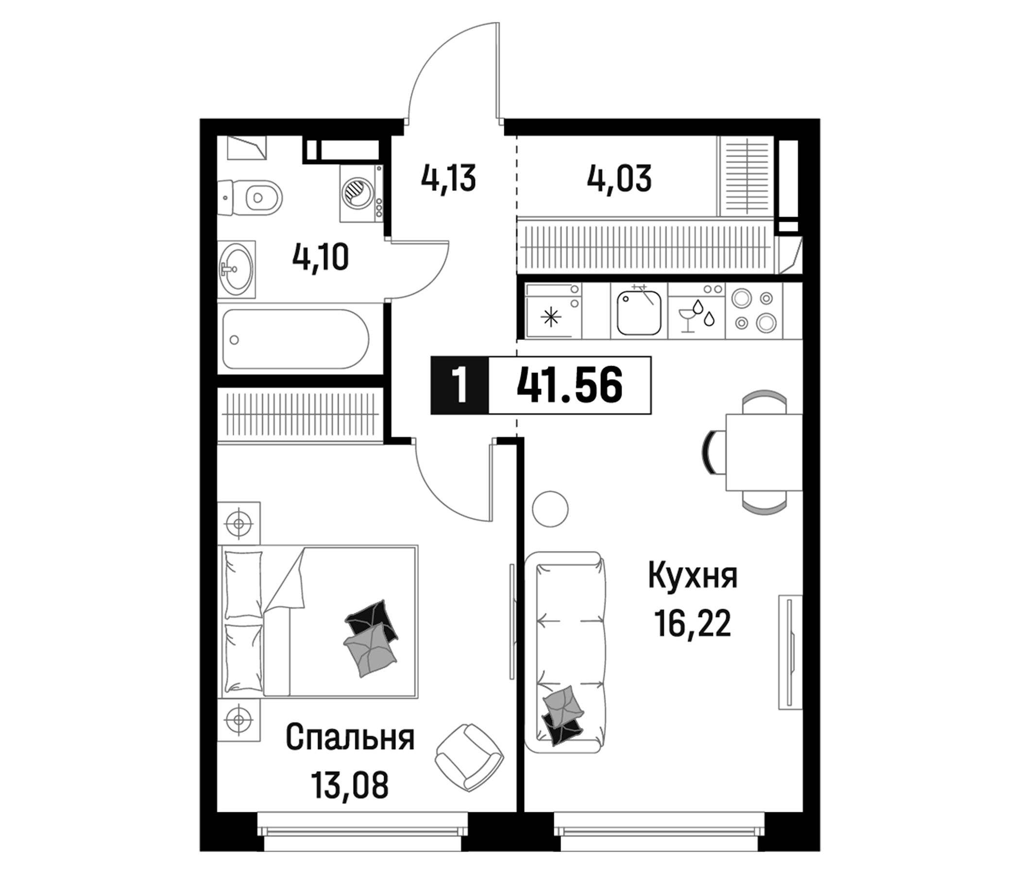 Планировка — Максималист, 2-комн., 42 м²