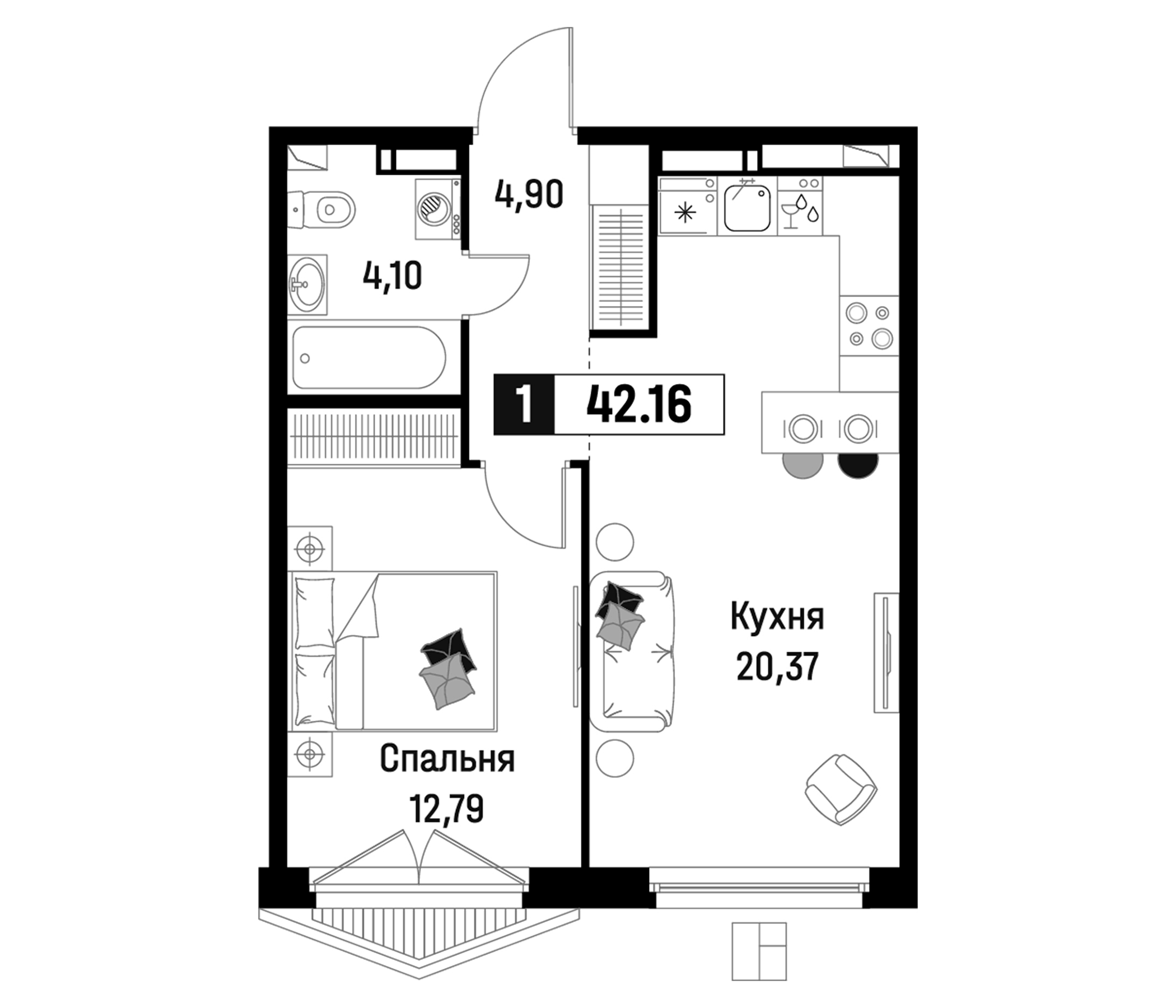 Планировка — Максималист, 2-комн., 42 м²