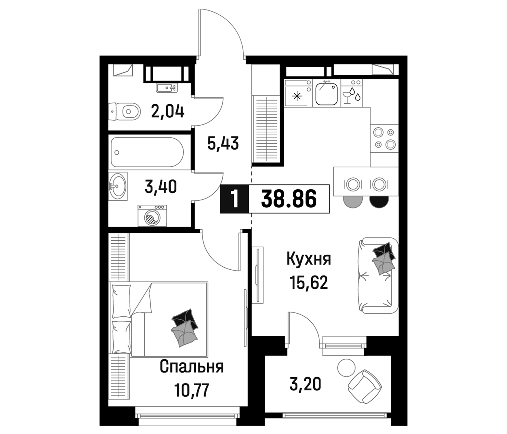Планировка — Максималист, 2-комн., 37 м²