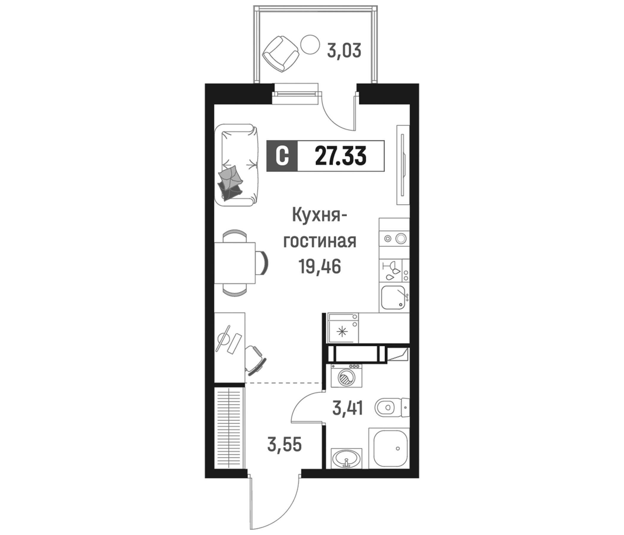 Планировка — Максималист, Студия, 26 м²
