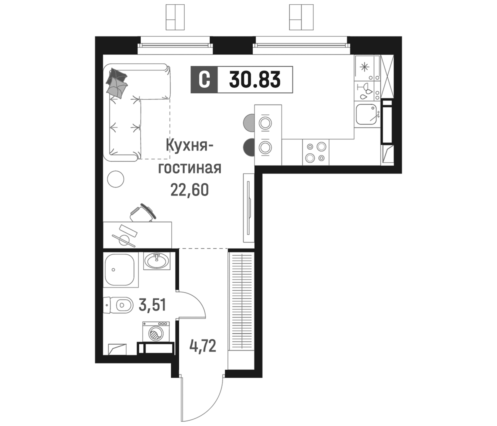 Планировка — Максималист, Студия, 31 м²
