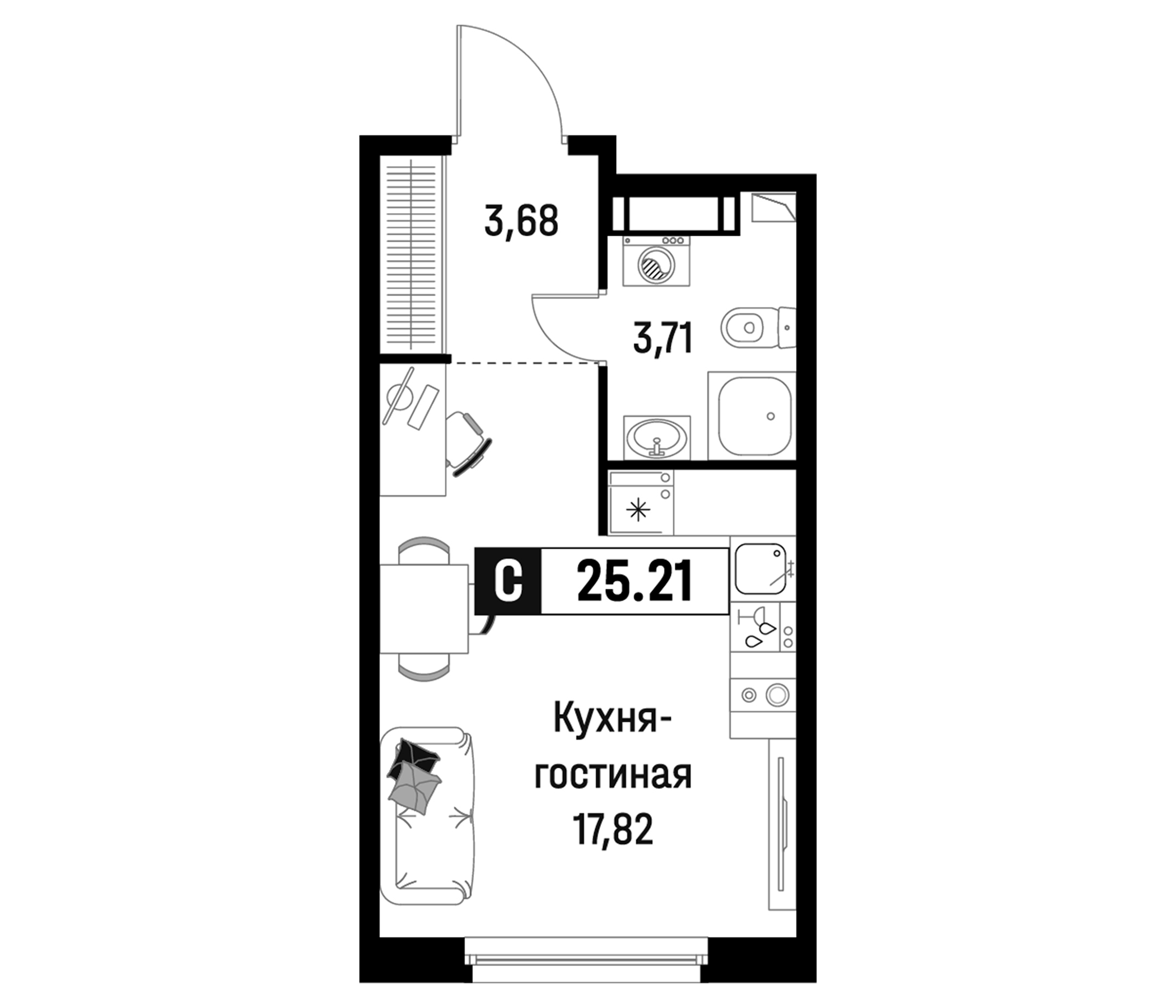 Планировка — Максималист, Студия, 25 м²