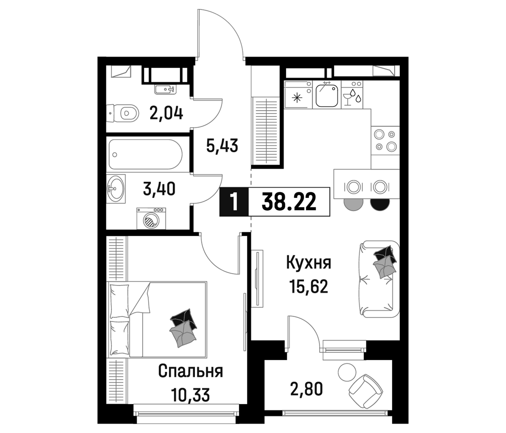 Планировка — Максималист, 2-комн., 37 м²