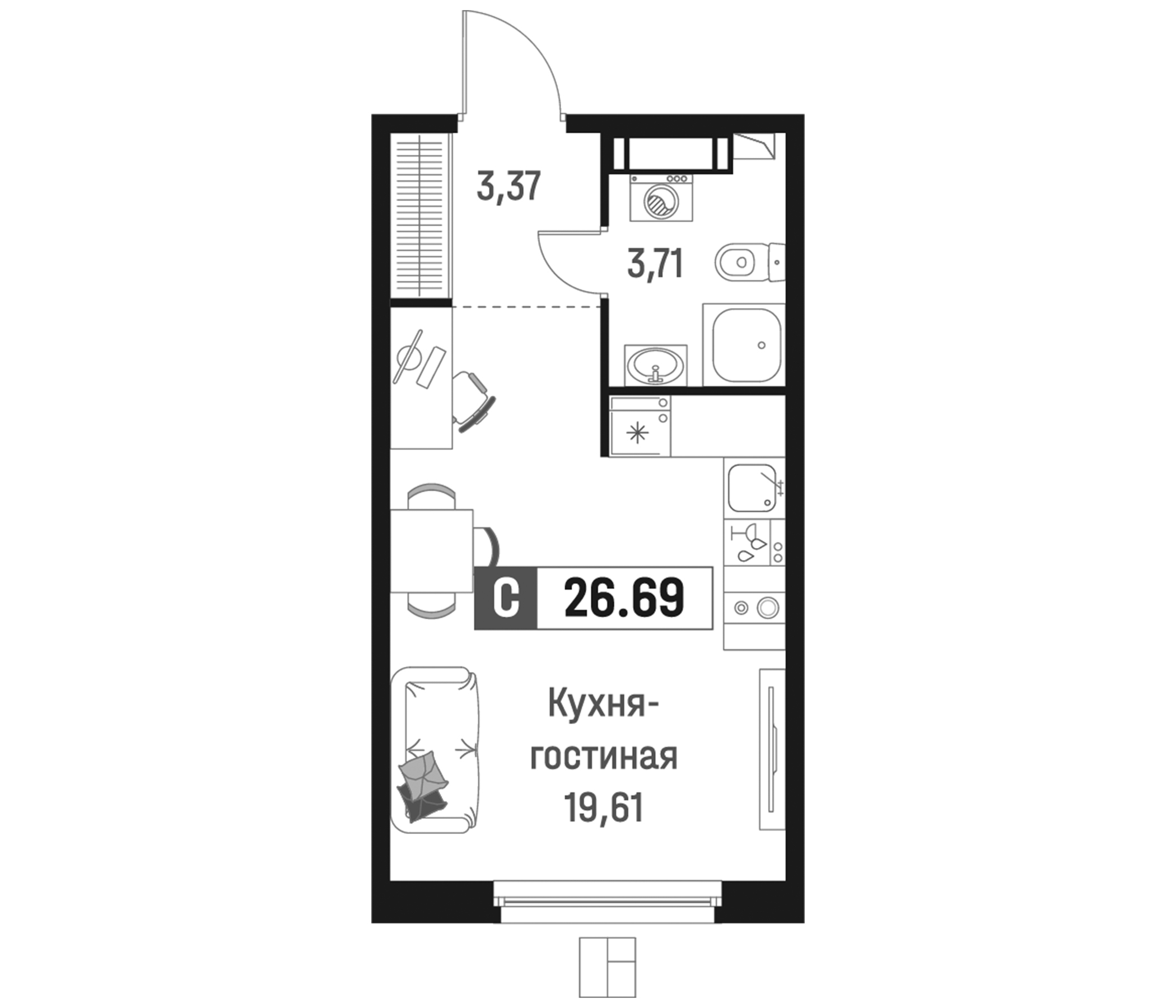 Планировка — Максималист, Студия, 27 м²