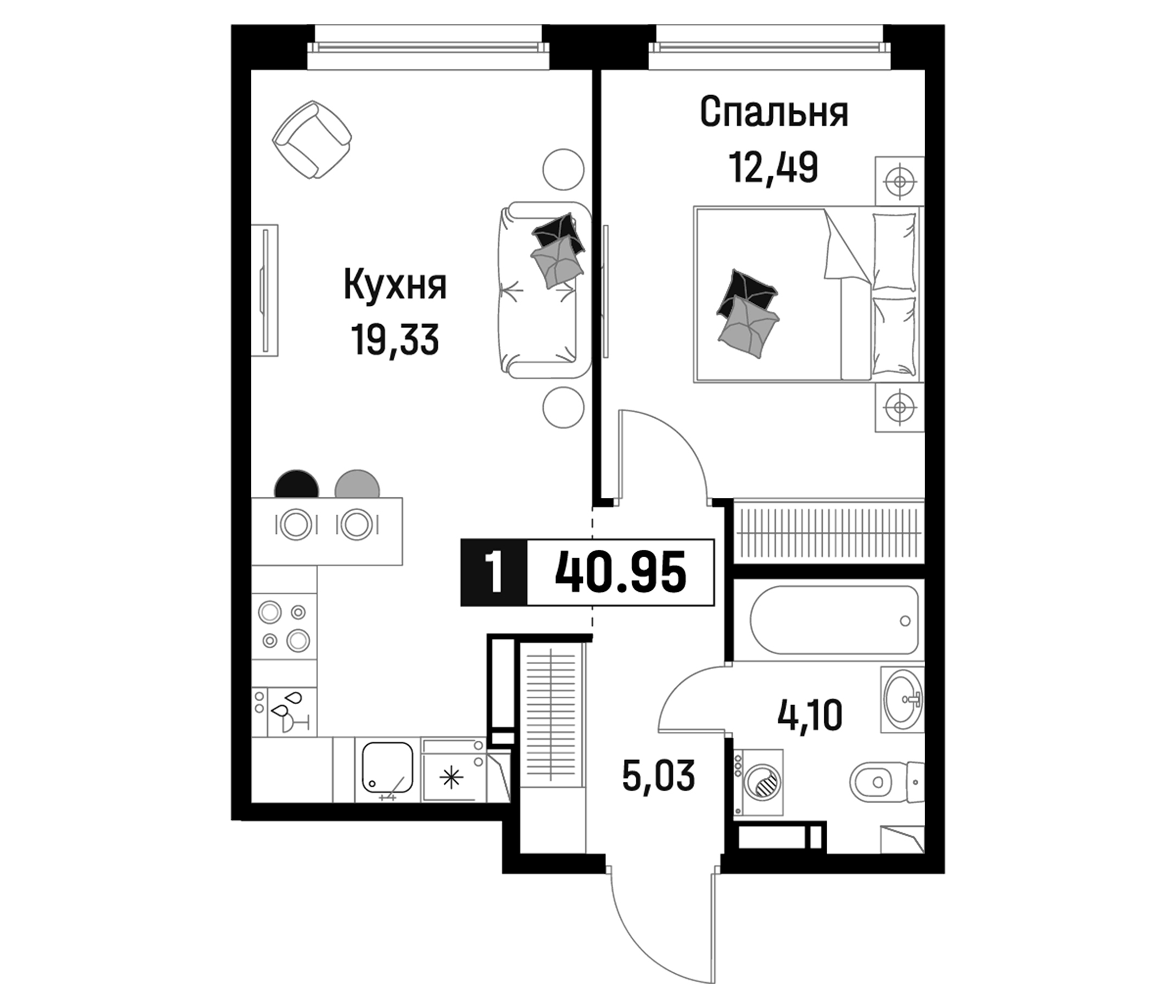 Планировка — Максималист, 2-комн., 41 м²
