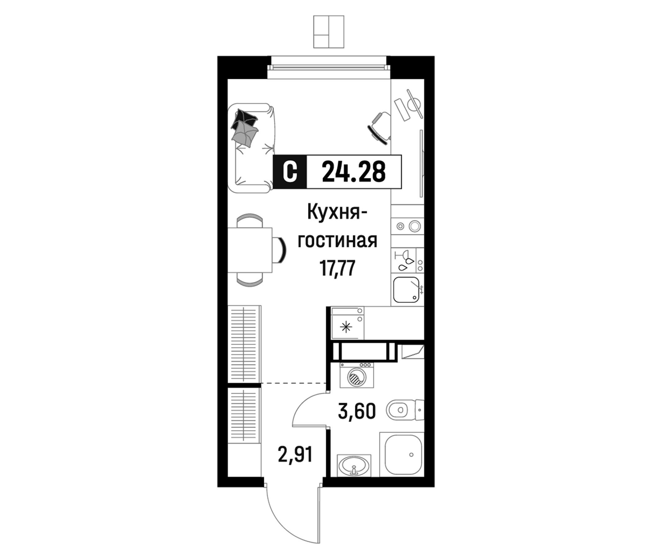 Планировка — Максималист, Студия, 24 м²