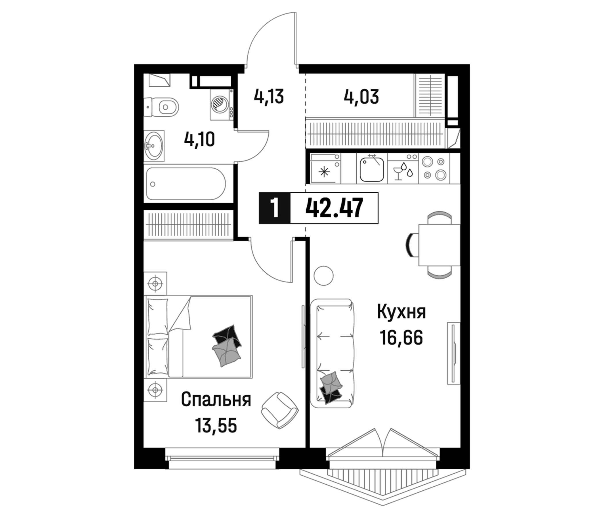 Планировка — Максималист, 2-комн., 42 м²