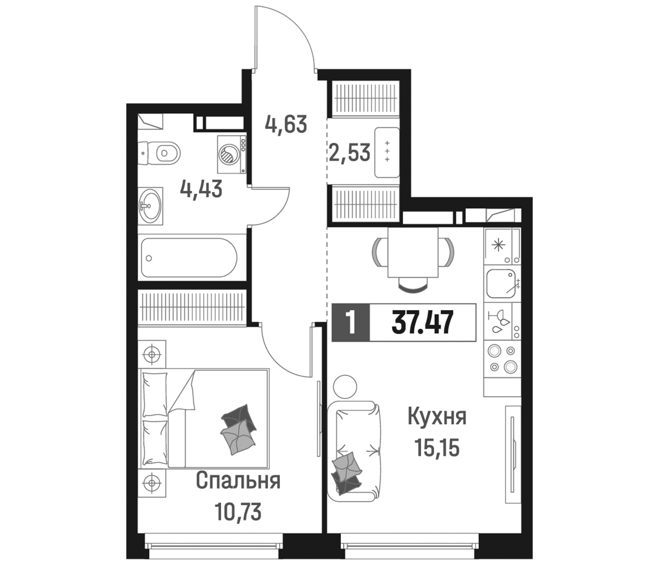 Планировка — Максималист, 2-комн., 37 м²