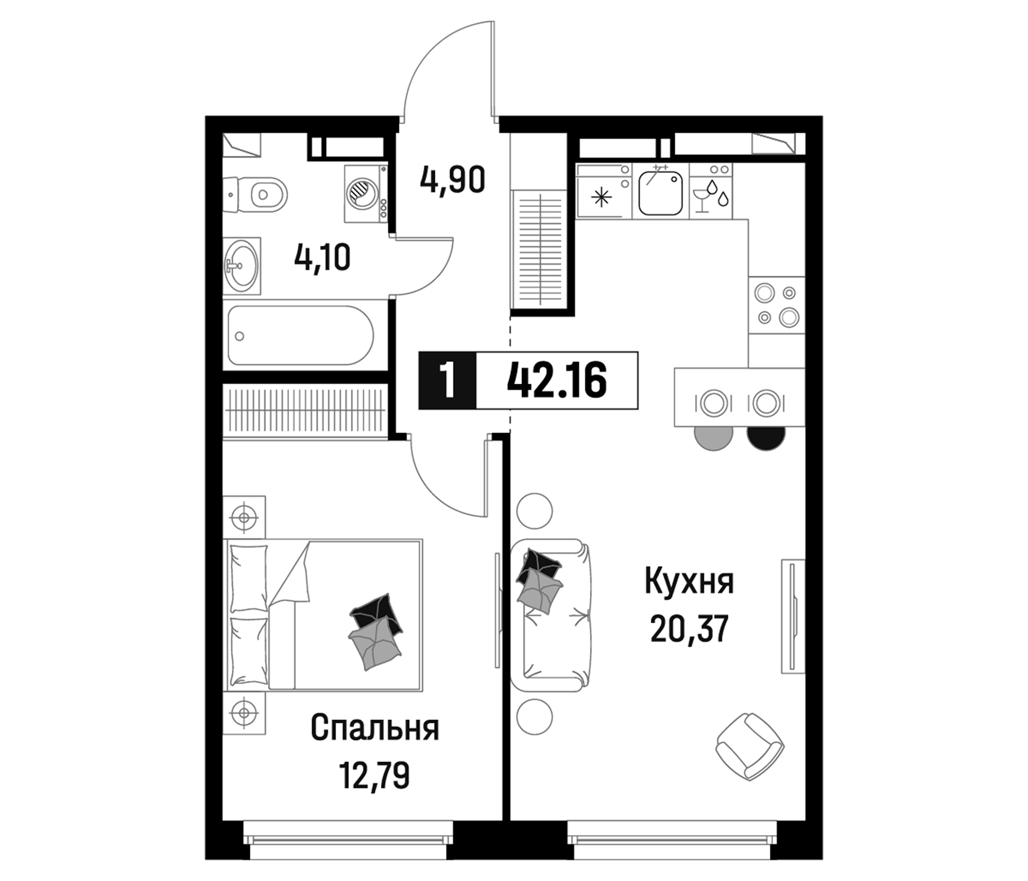 Планировка — Максималист, 2-комн., 42 м²