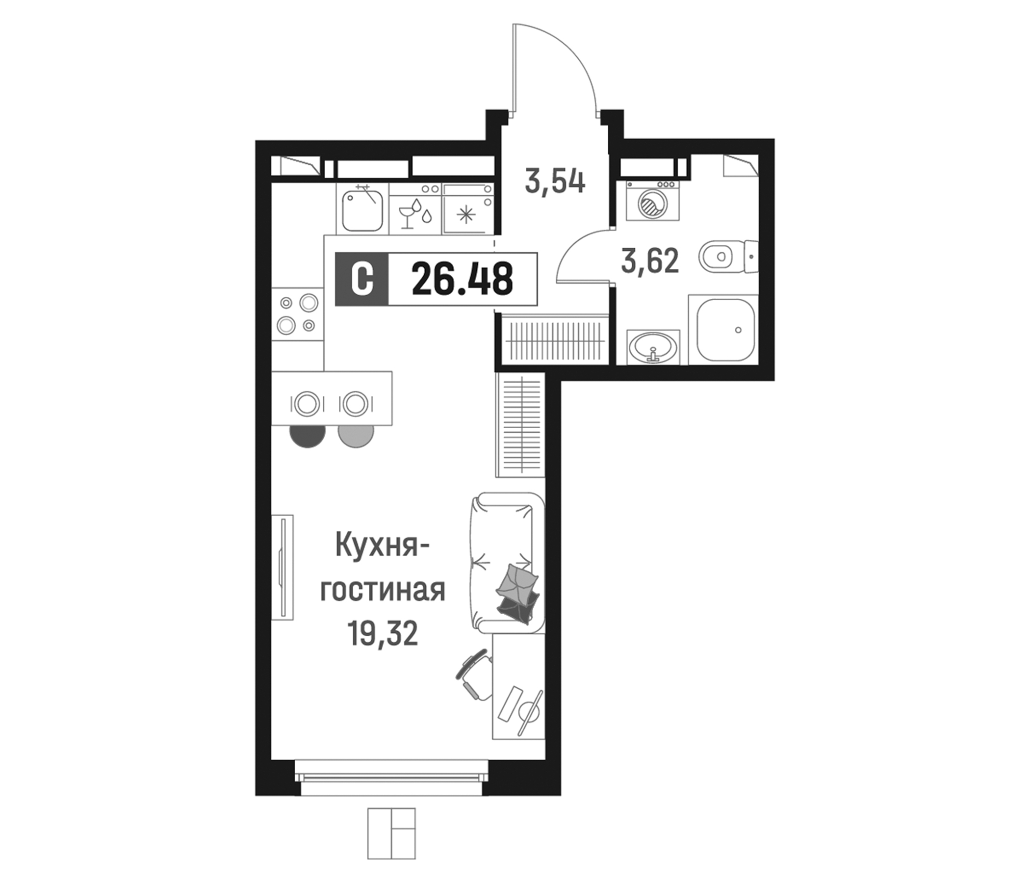 Планировка — Максималист, Студия, 26 м²