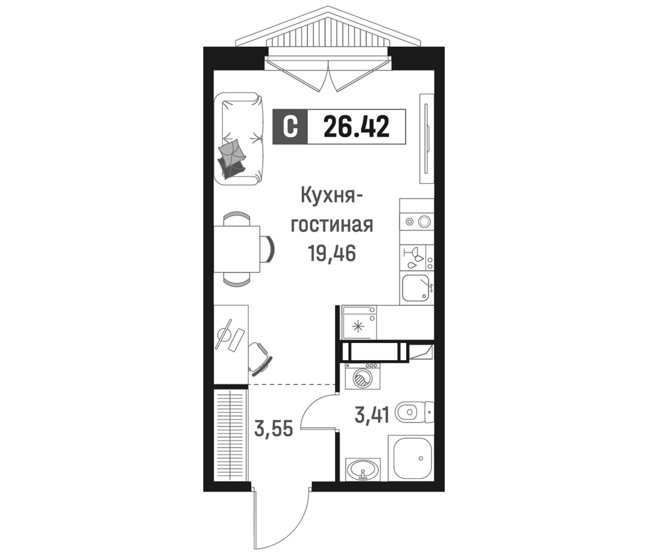 Планировка — Максималист, Студия, 26 м²