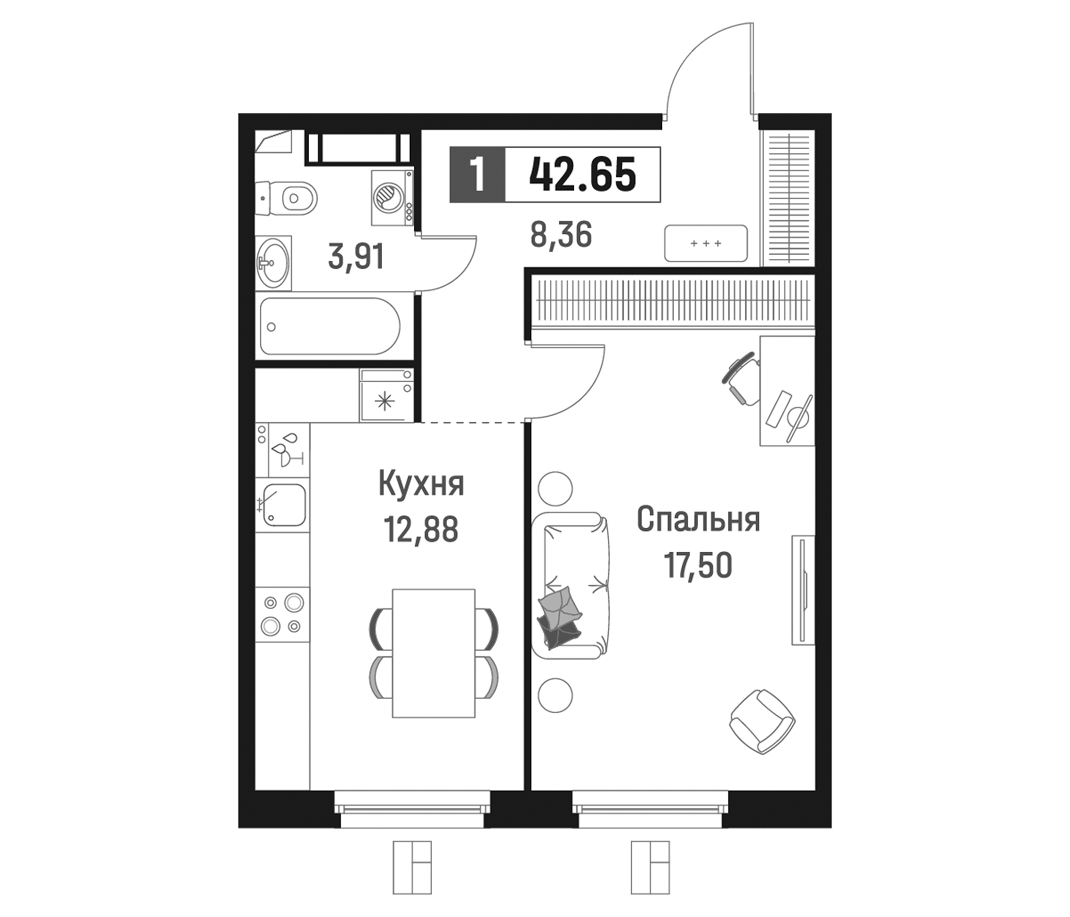 Планировка — Максималист, 1-комн., 43 м²