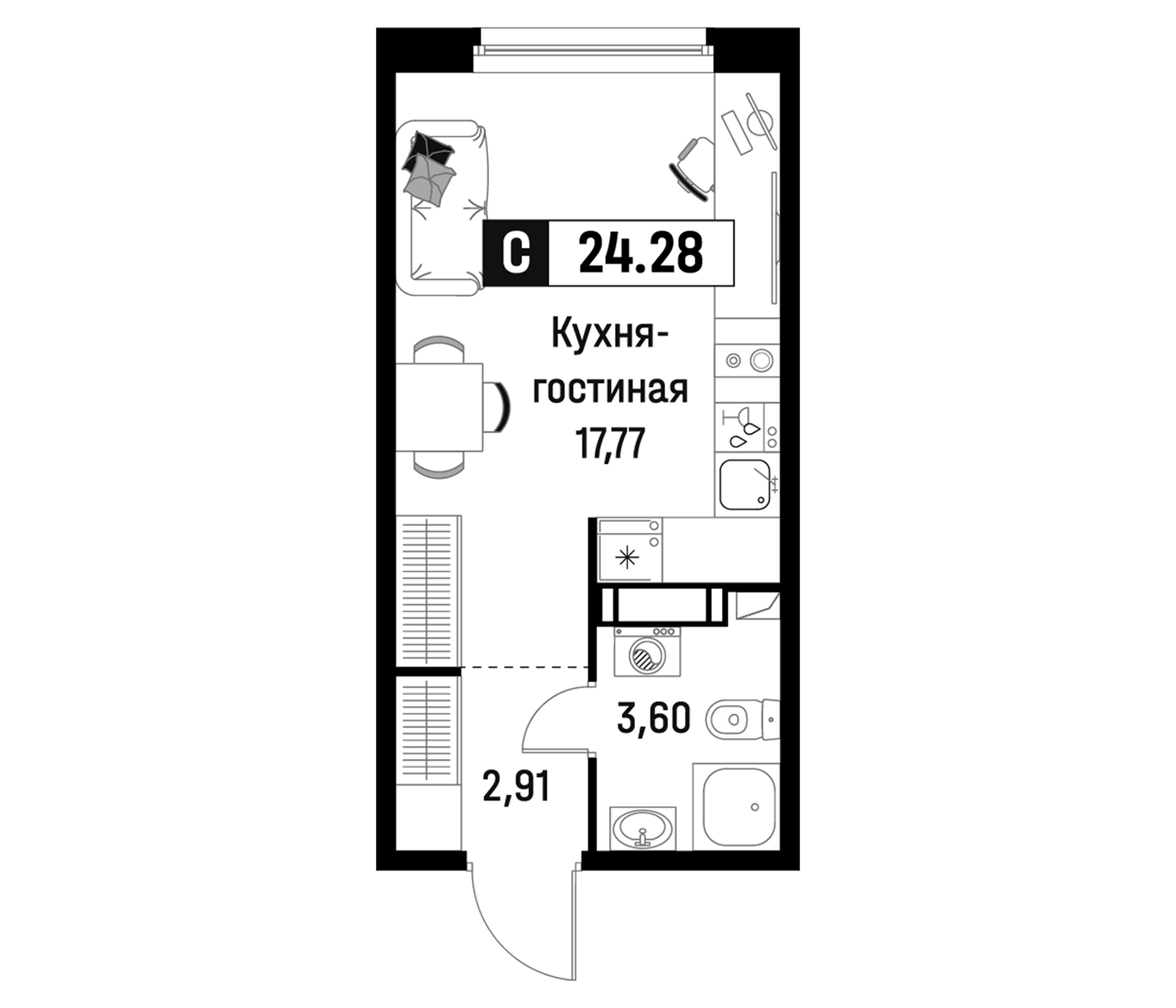 Планировка — Максималист, Студия, 24 м²
