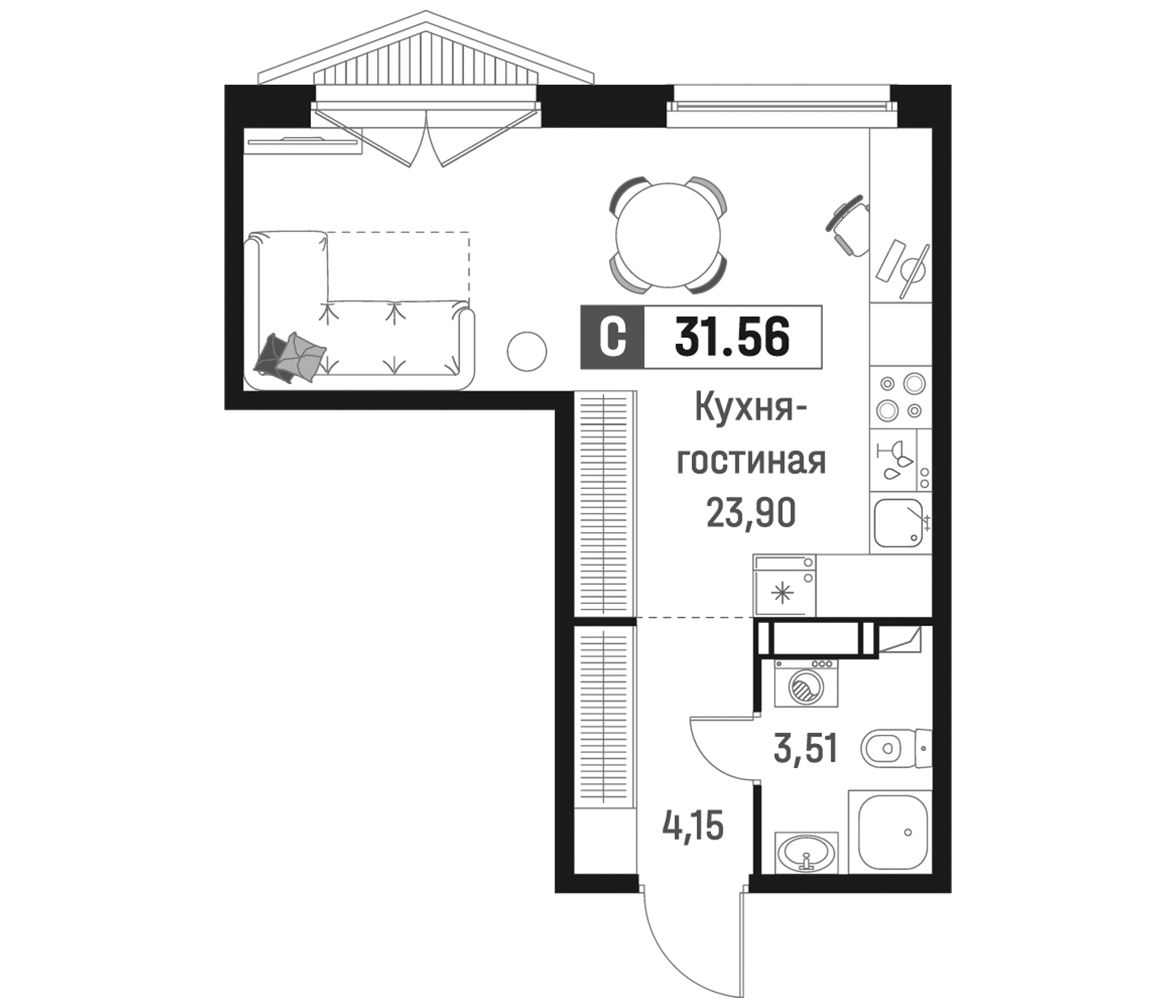 Планировка — Максималист, Студия, 32 м²