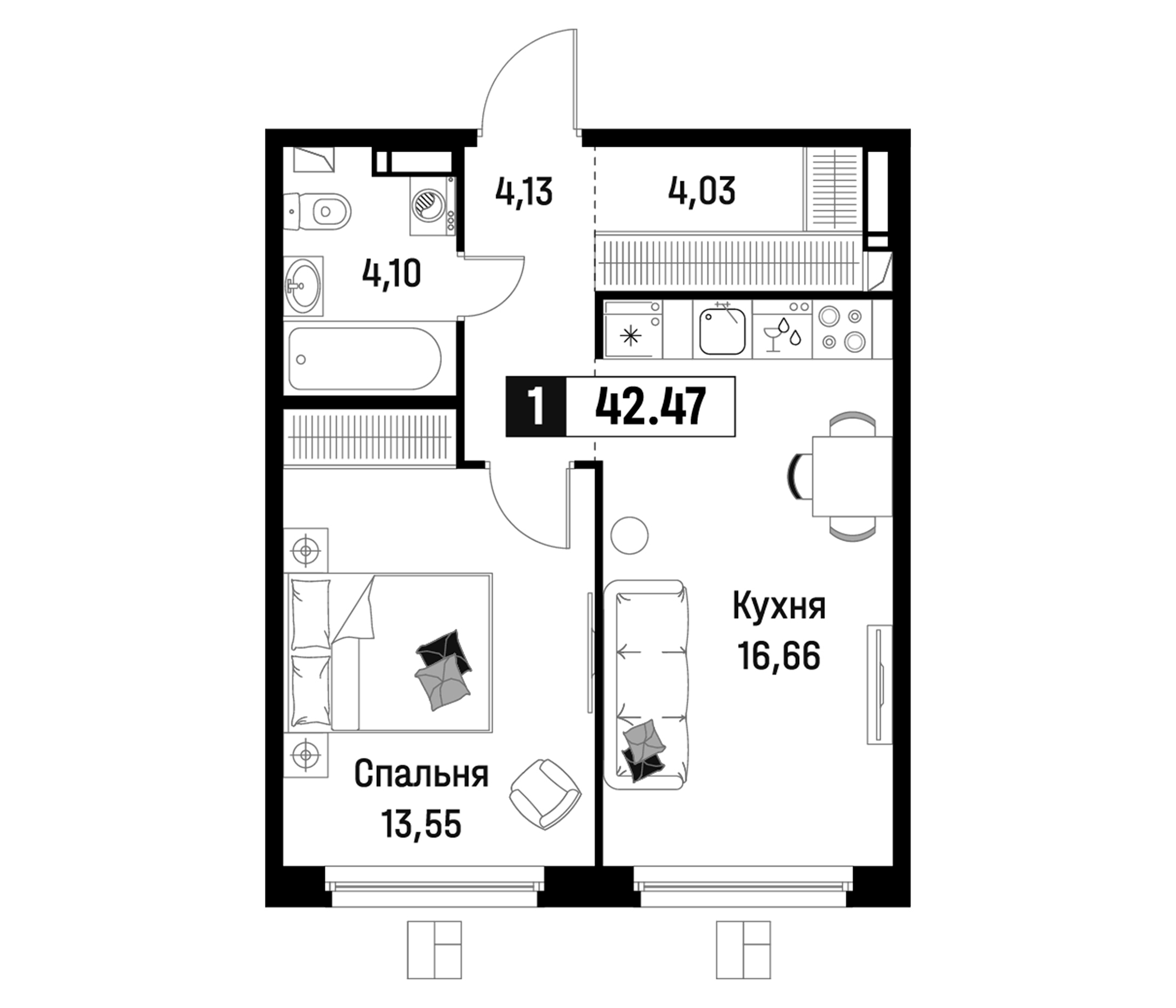 Планировка — Максималист, 2-комн., 42 м²