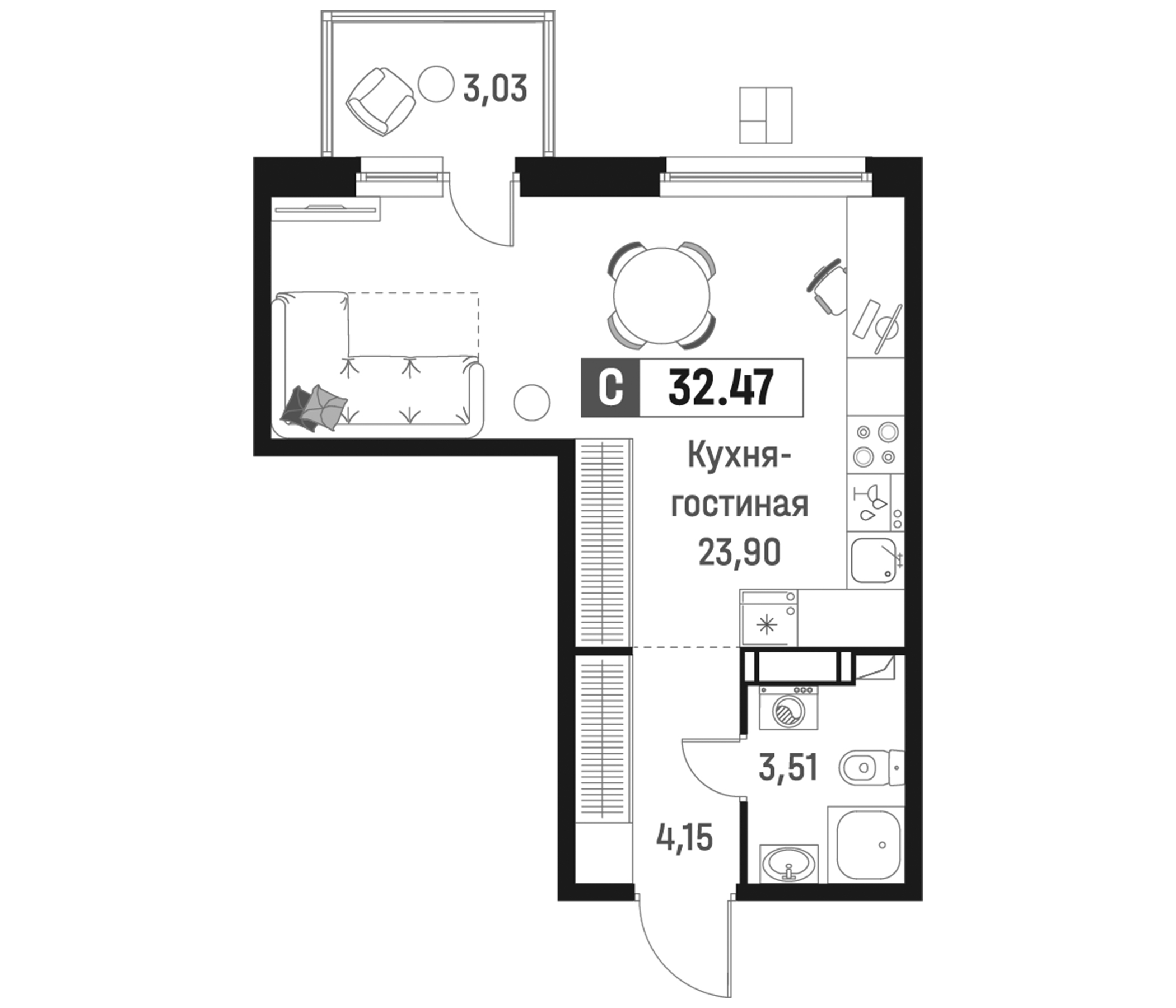 Планировка — Максималист, Студия, 32 м²