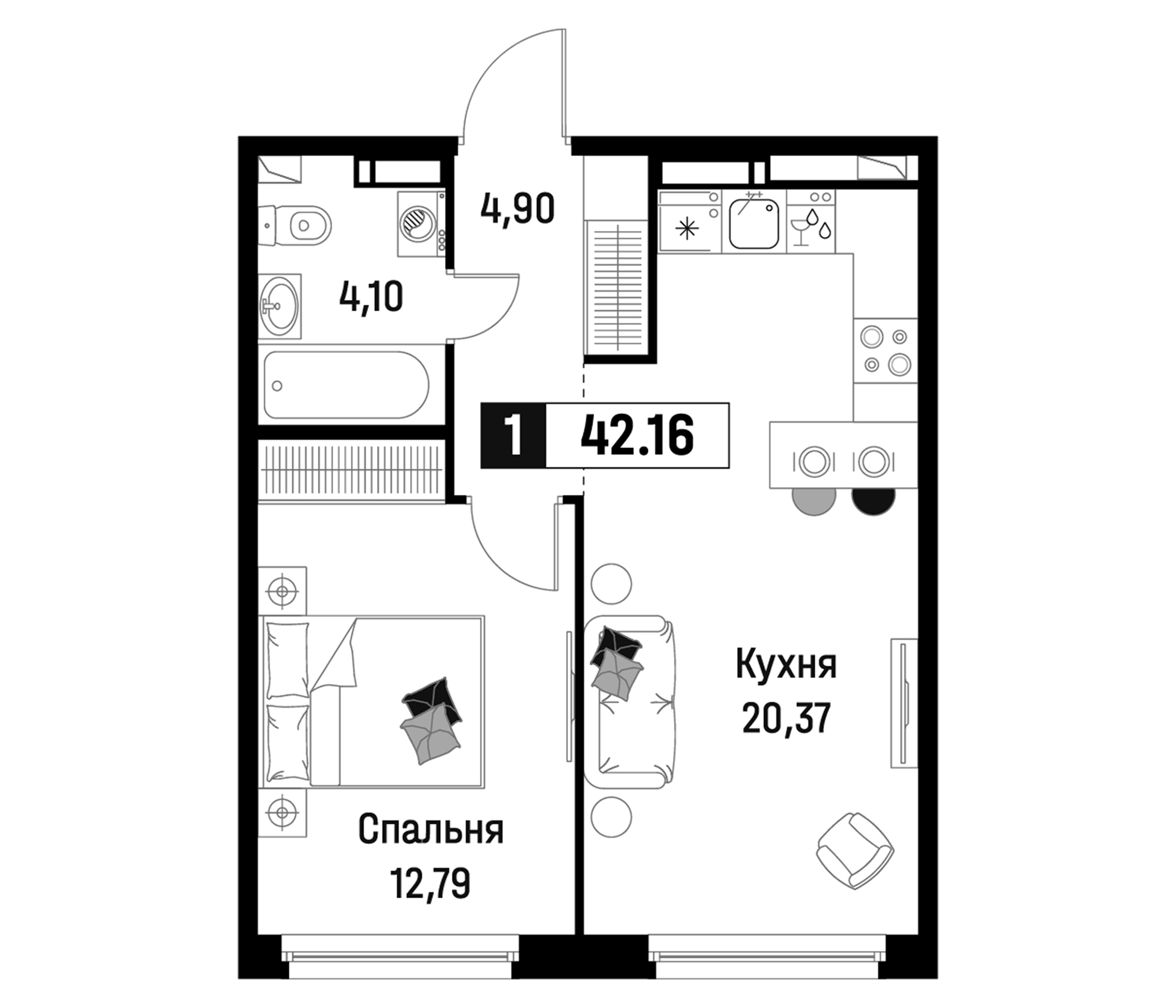 Планировка — Максималист, 2-комн., 42 м²