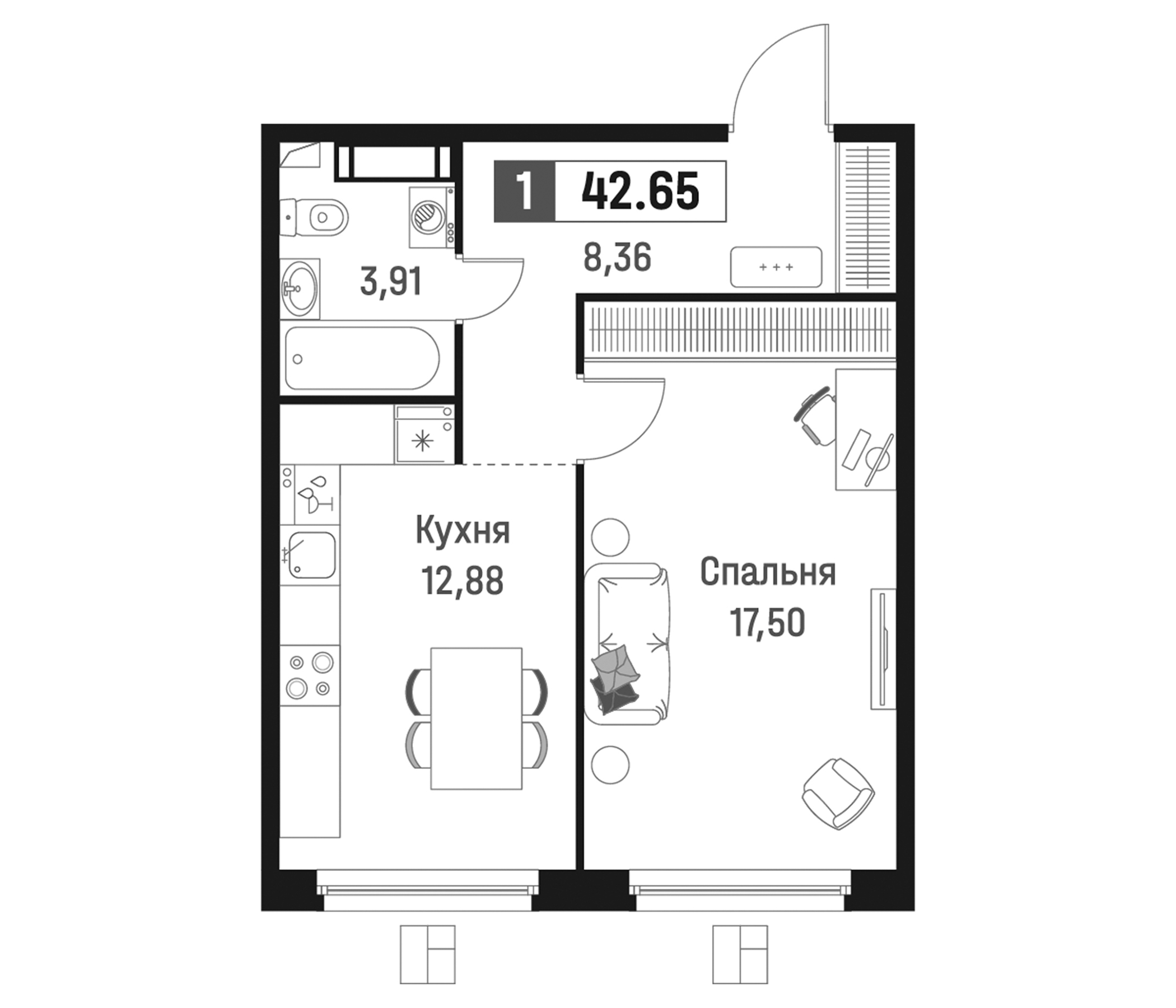 Планировка — Максималист, 1-комн., 43 м²