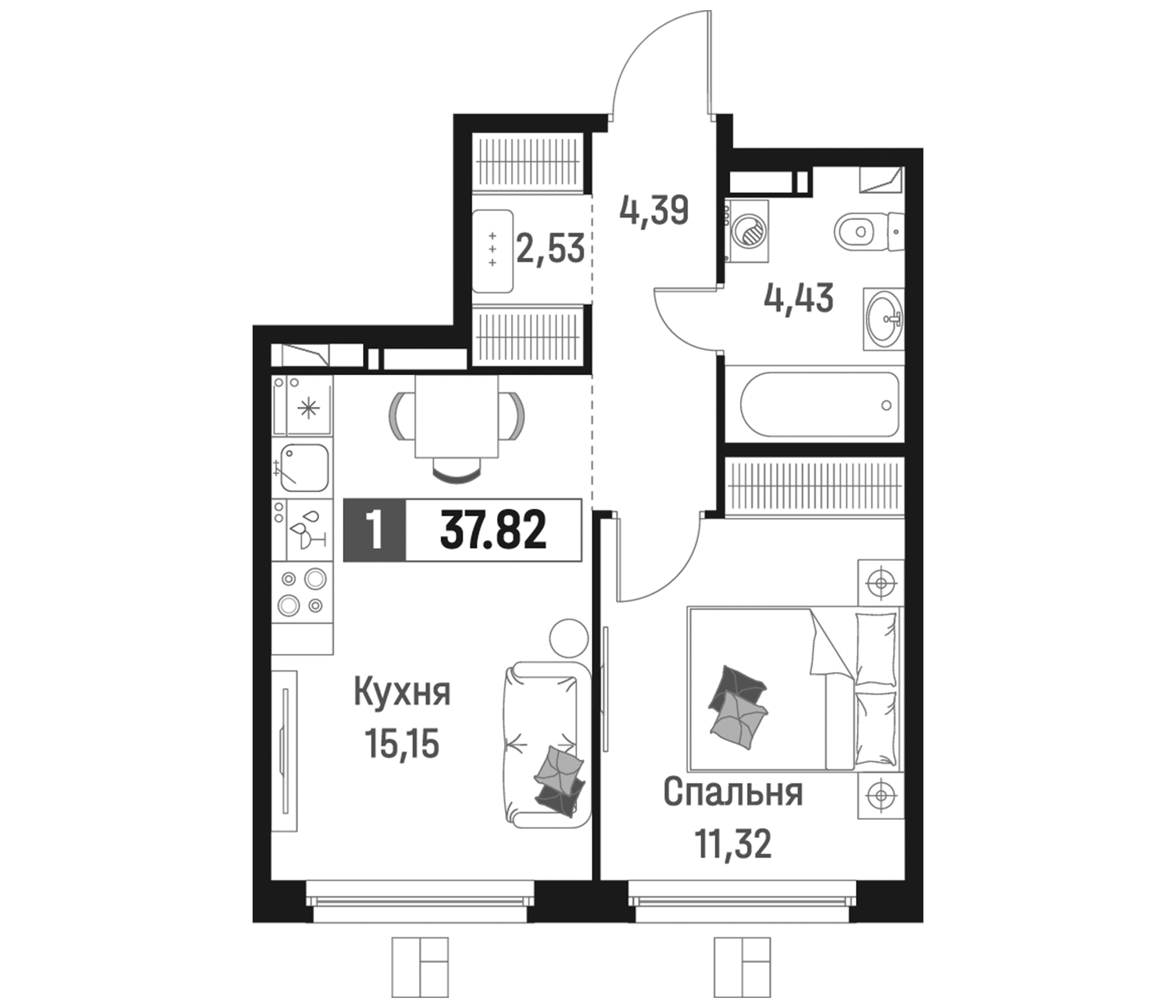 Планировка — Максималист, 2-комн., 38 м²