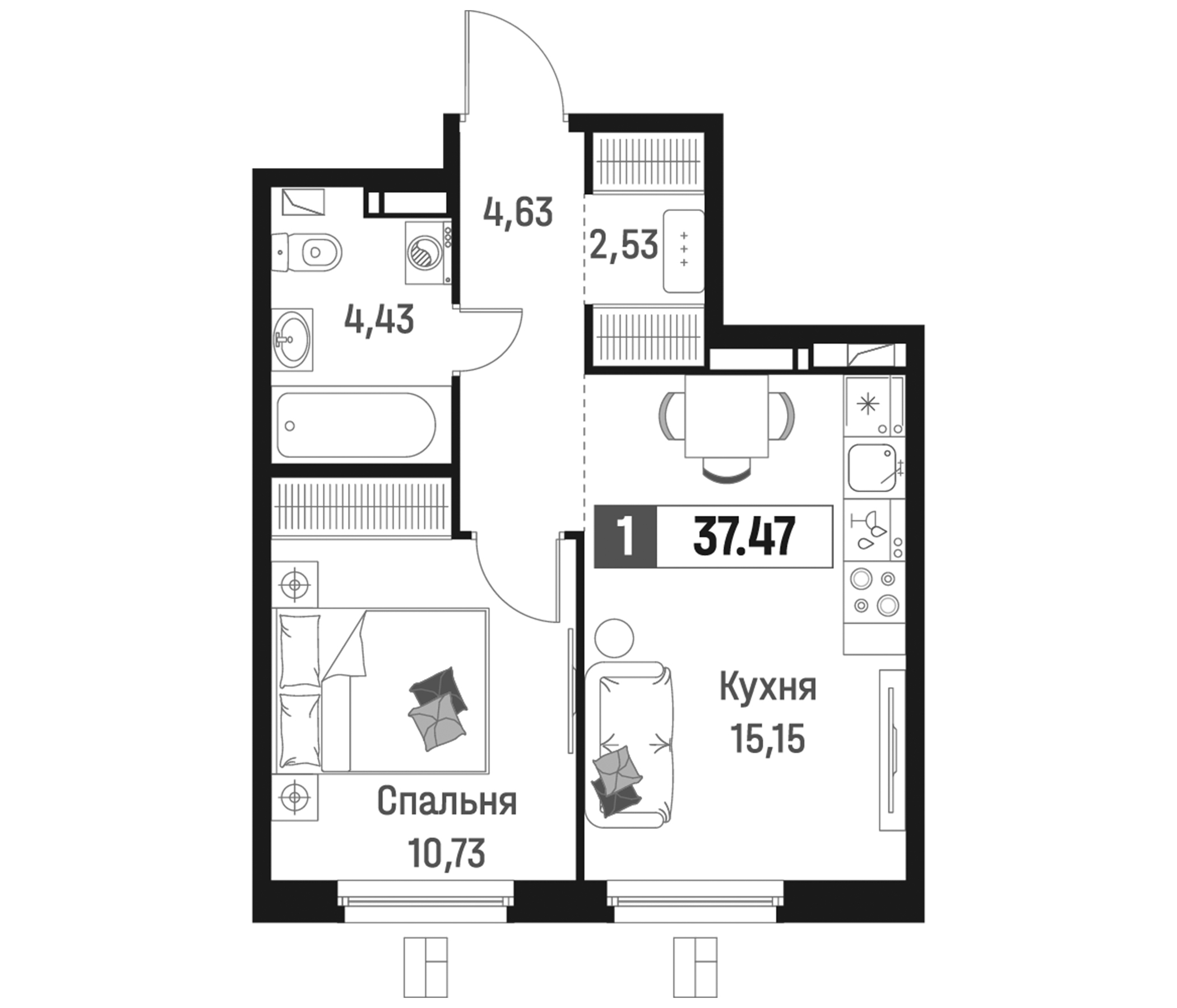 Планировка — Максималист, 2-комн., 37 м²