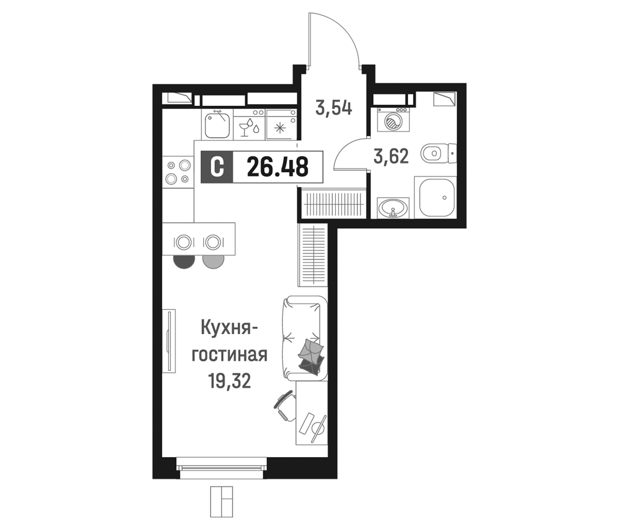 Планировка — Максималист, Студия, 26 м²