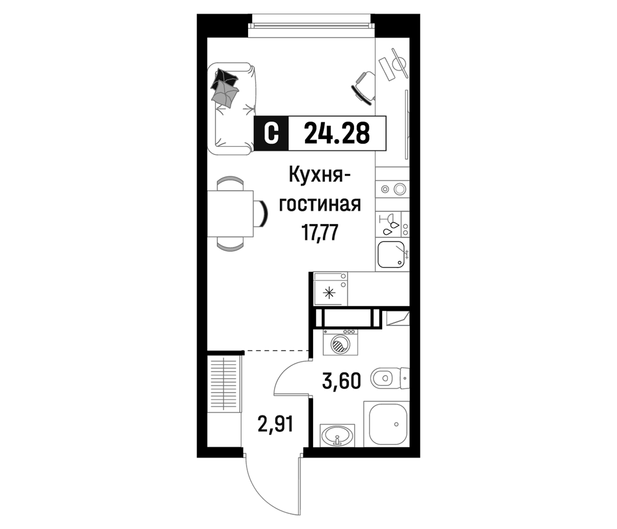 Планировка — Максималист, Студия, 24 м²