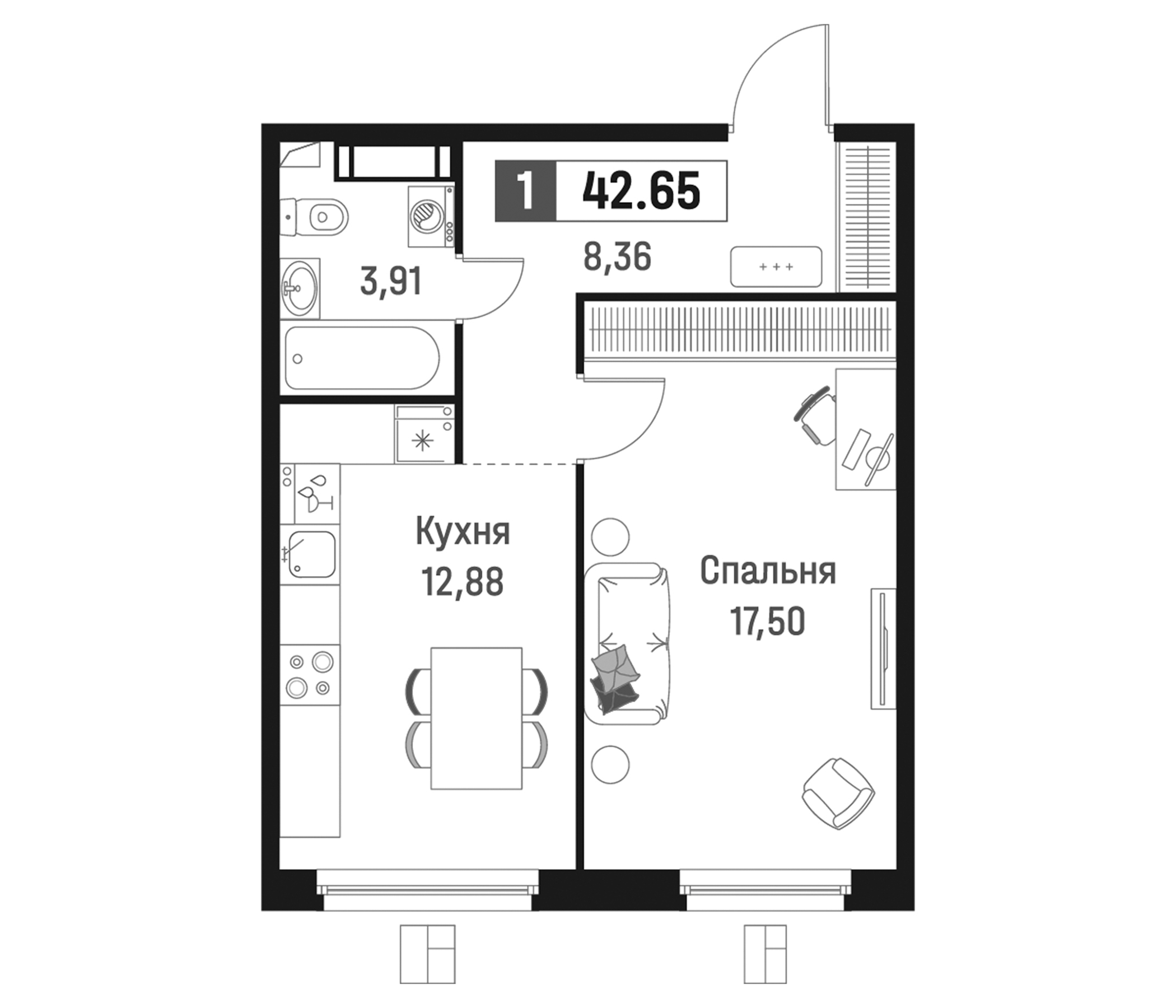 Планировка — Максималист, 1-комн., 43 м²