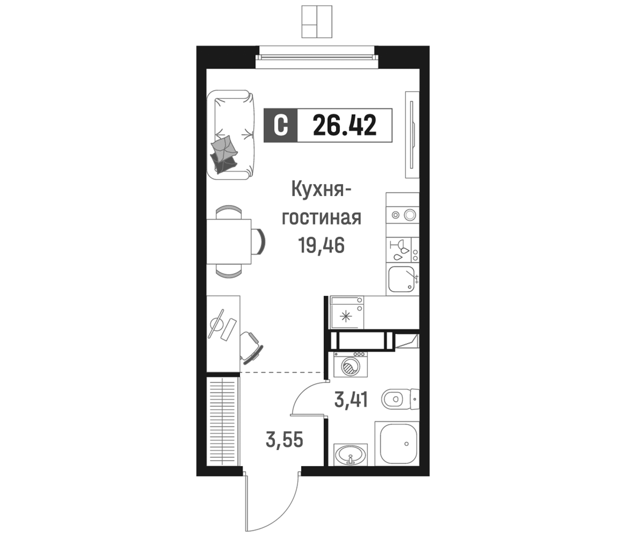 Планировка — Максималист, Студия, 26 м²