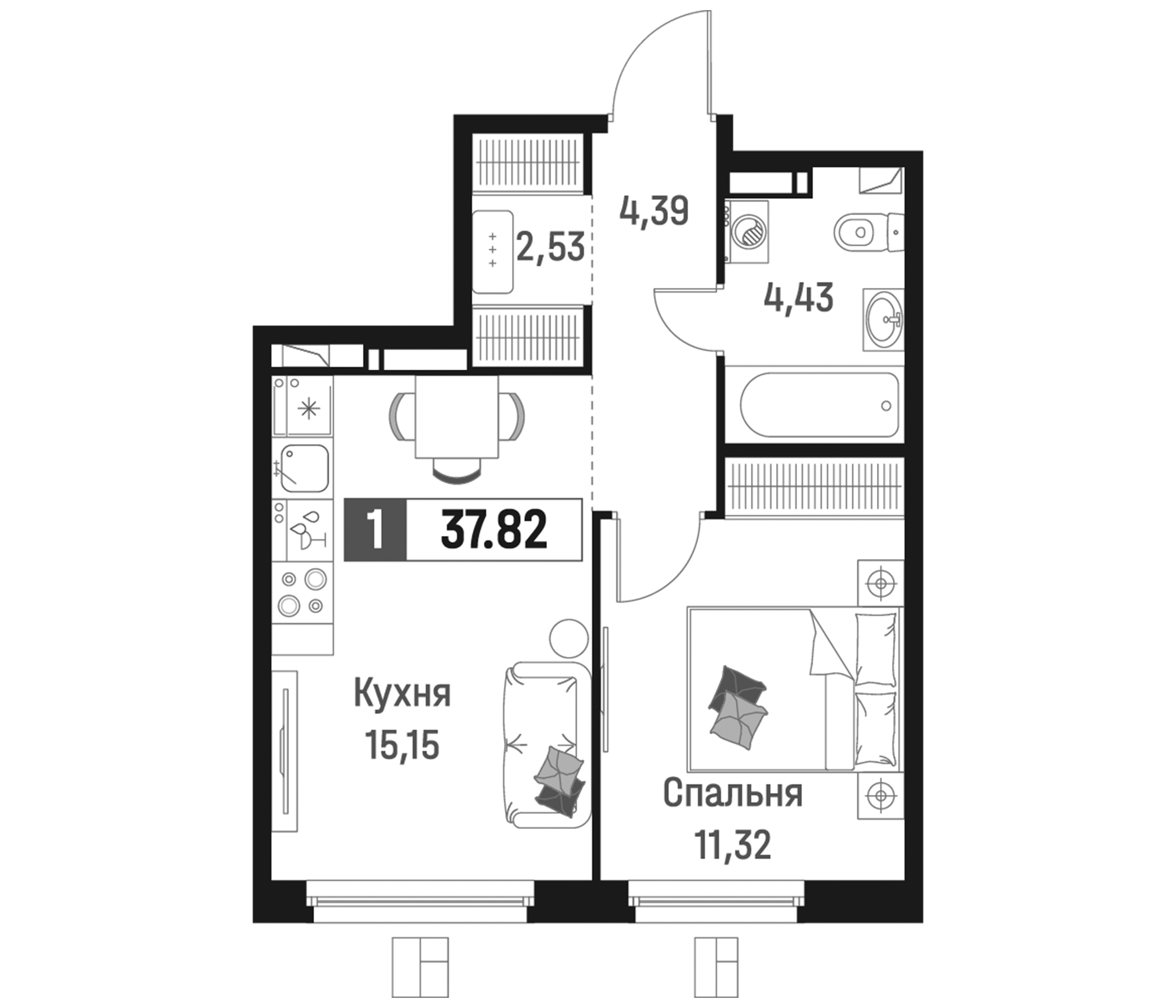 Планировка — Максималист, 2-комн., 38 м²