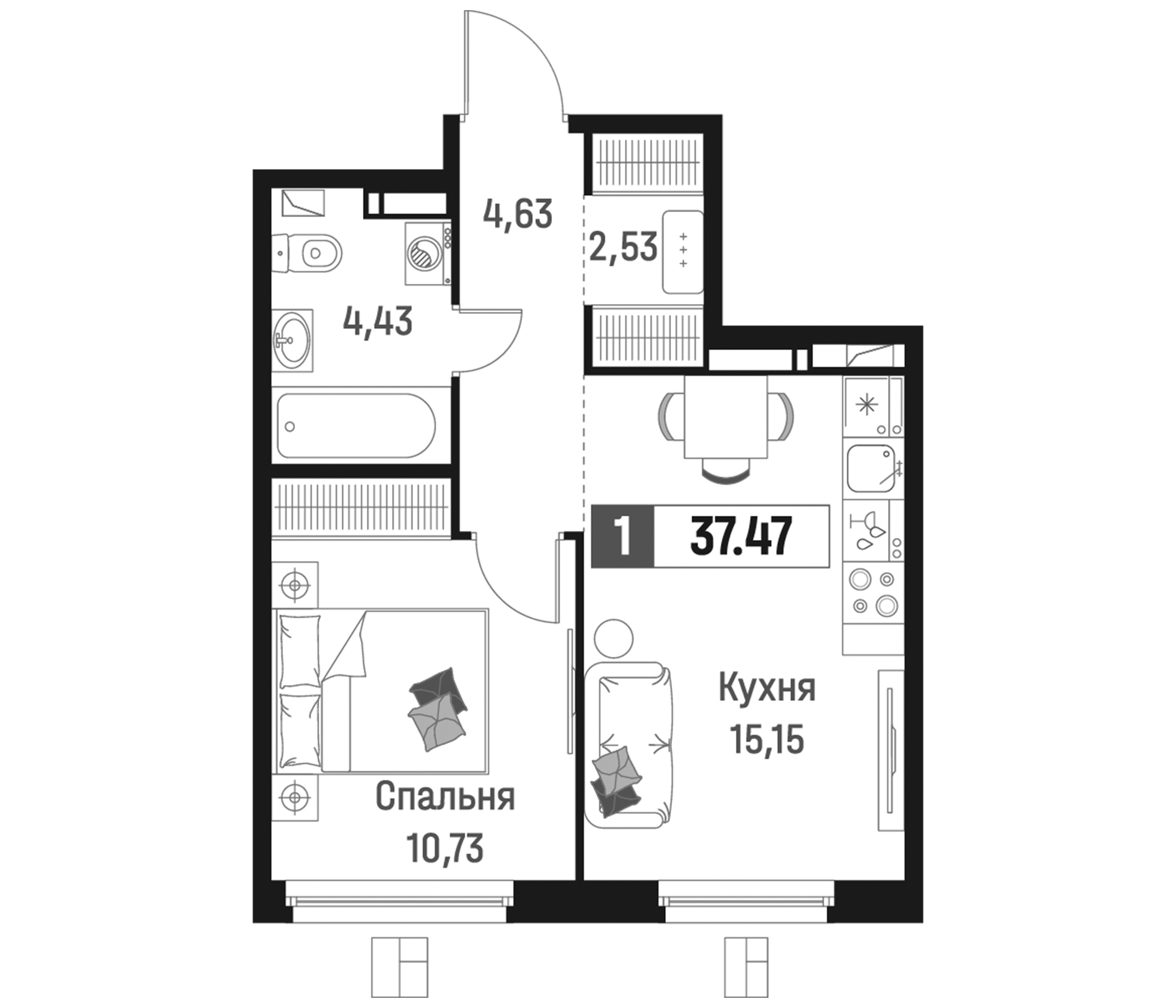 Планировка — Максималист, 2-комн., 37 м²
