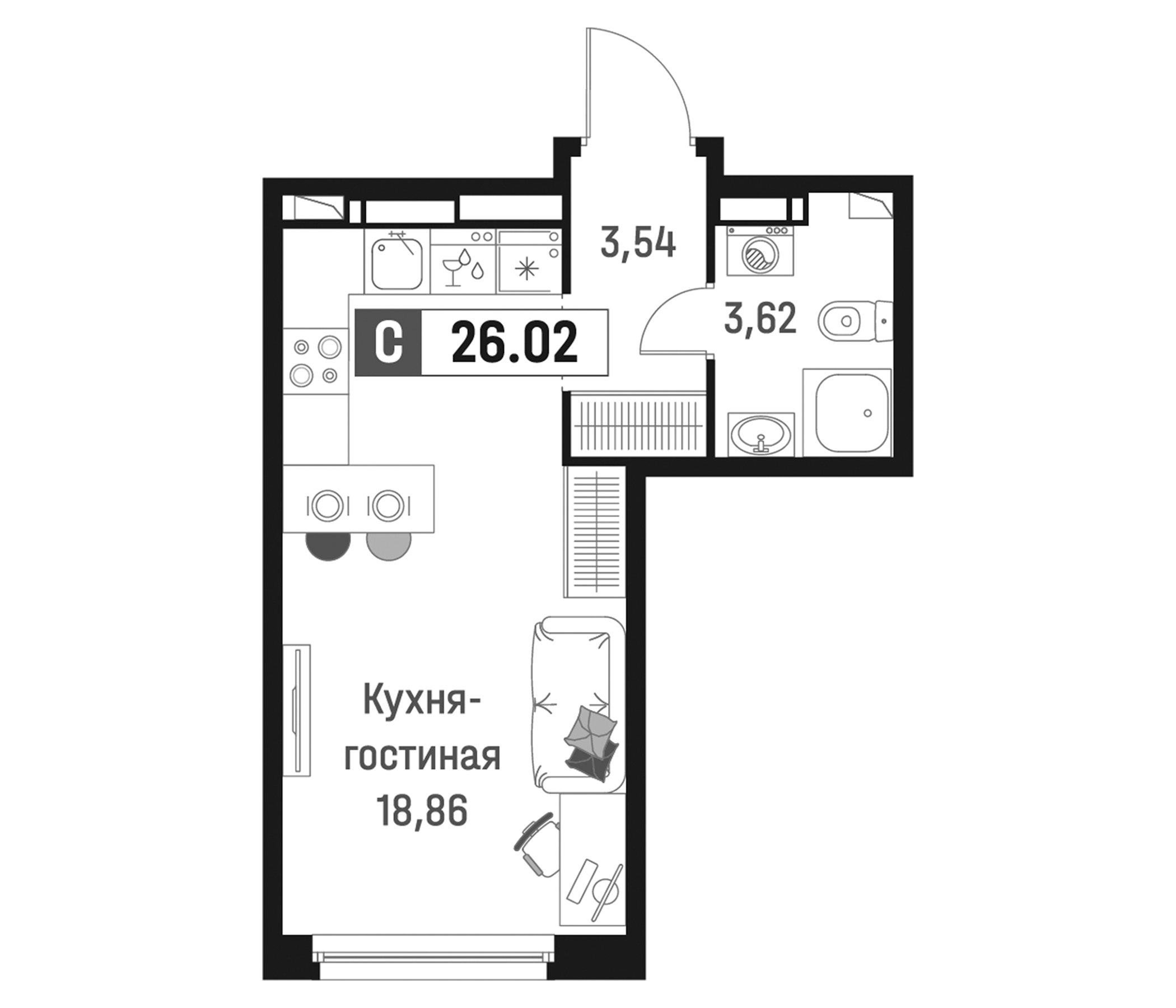 Планировка — Максималист, Студия, 26 м²