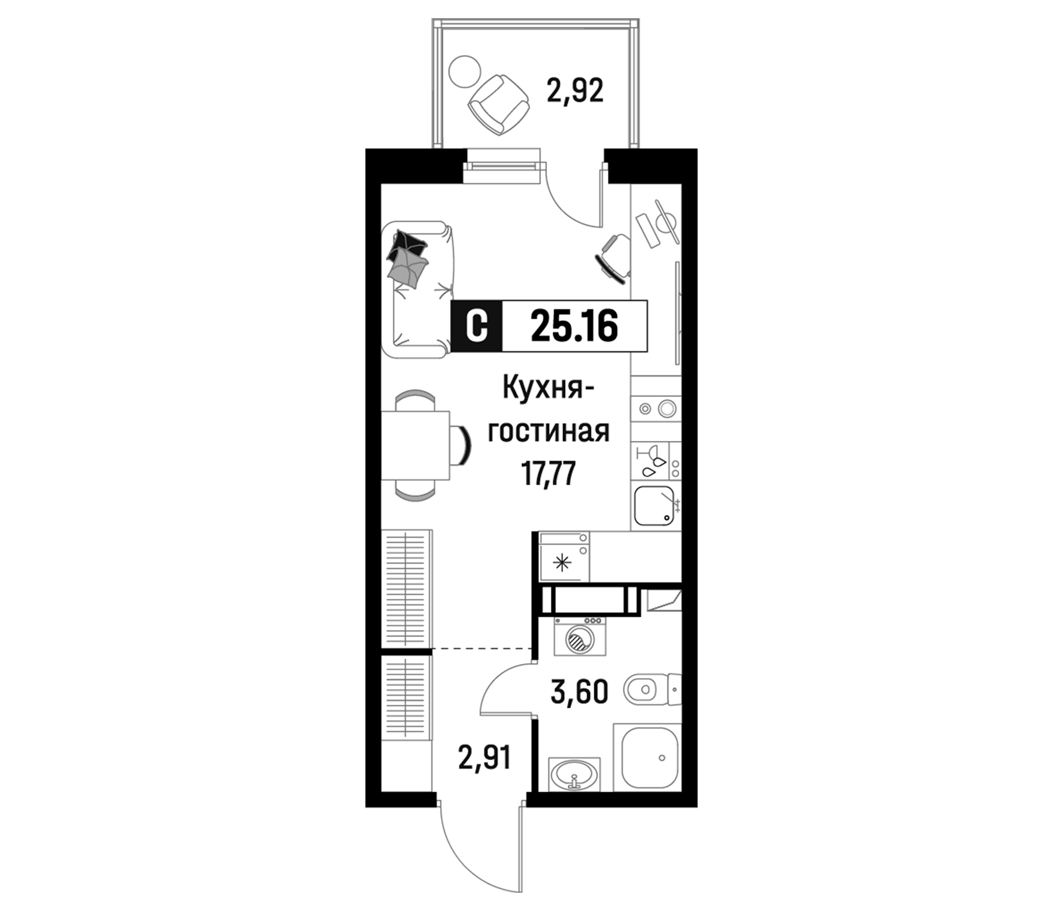 Планировка — Максималист, Студия, 24 м²