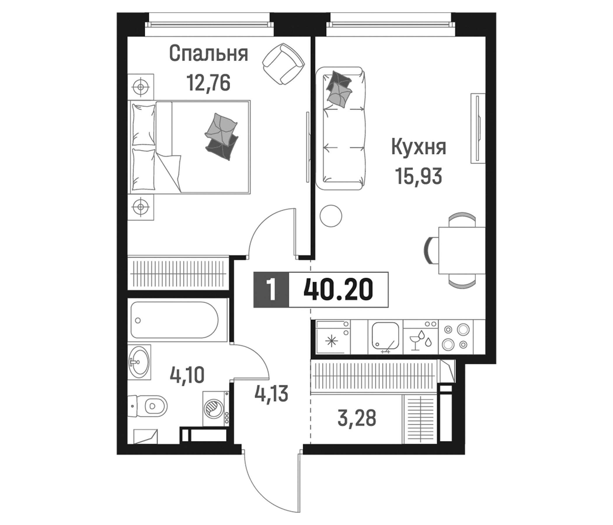 Планировка — Максималист, 2-комн., 40 м²