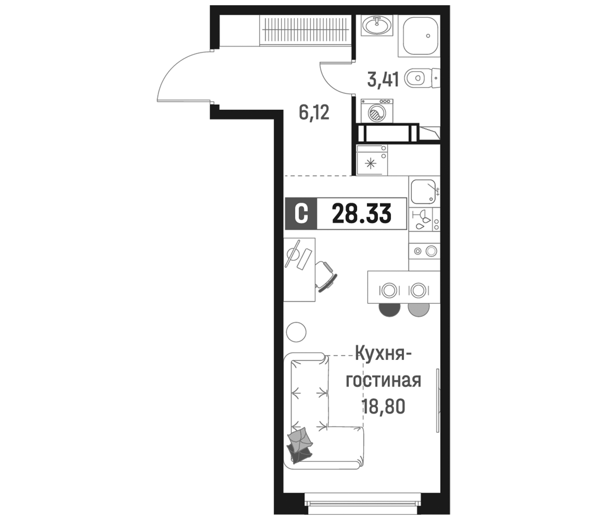 Планировка — Максималист, Студия, 28 м²