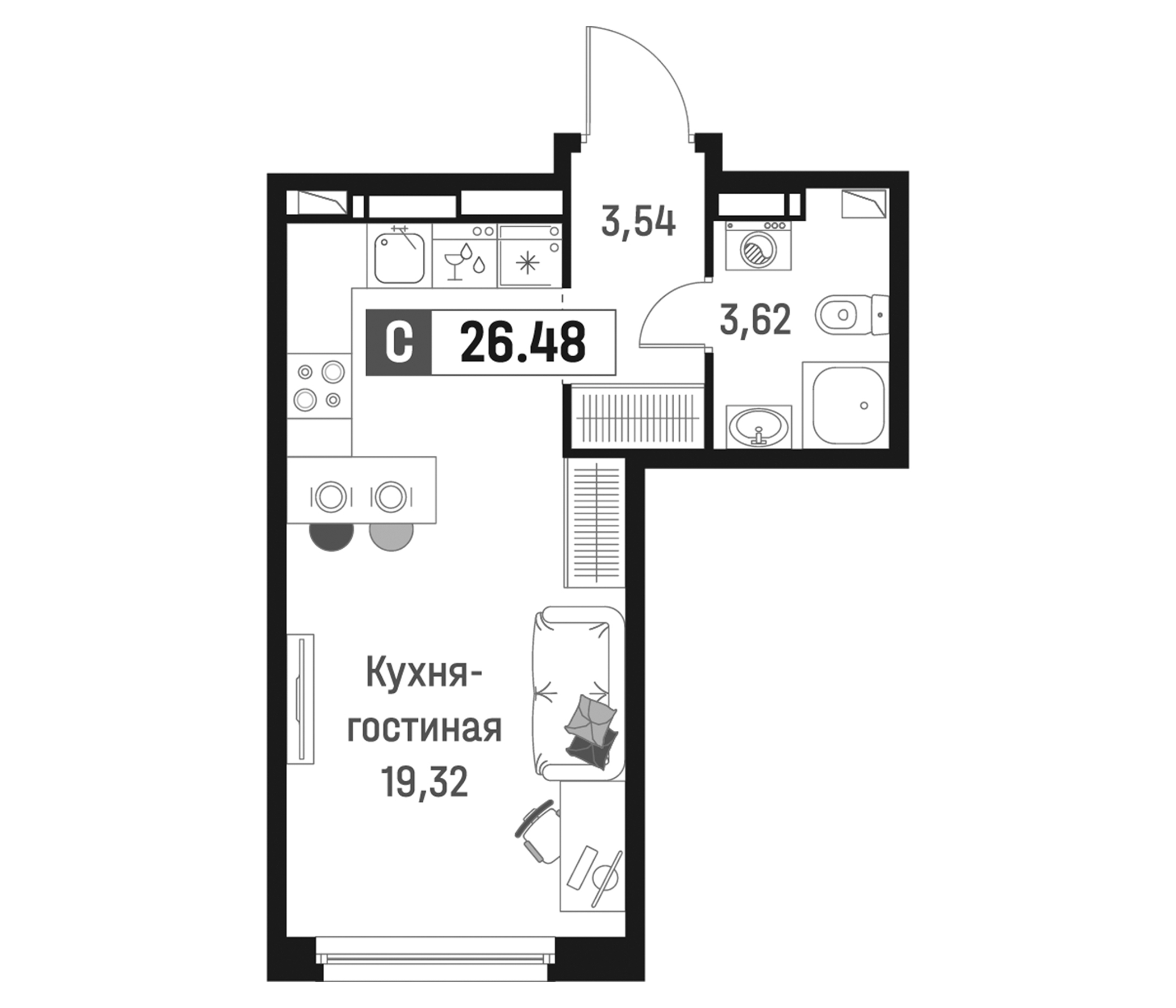 Планировка — Максималист, Студия, 26 м²