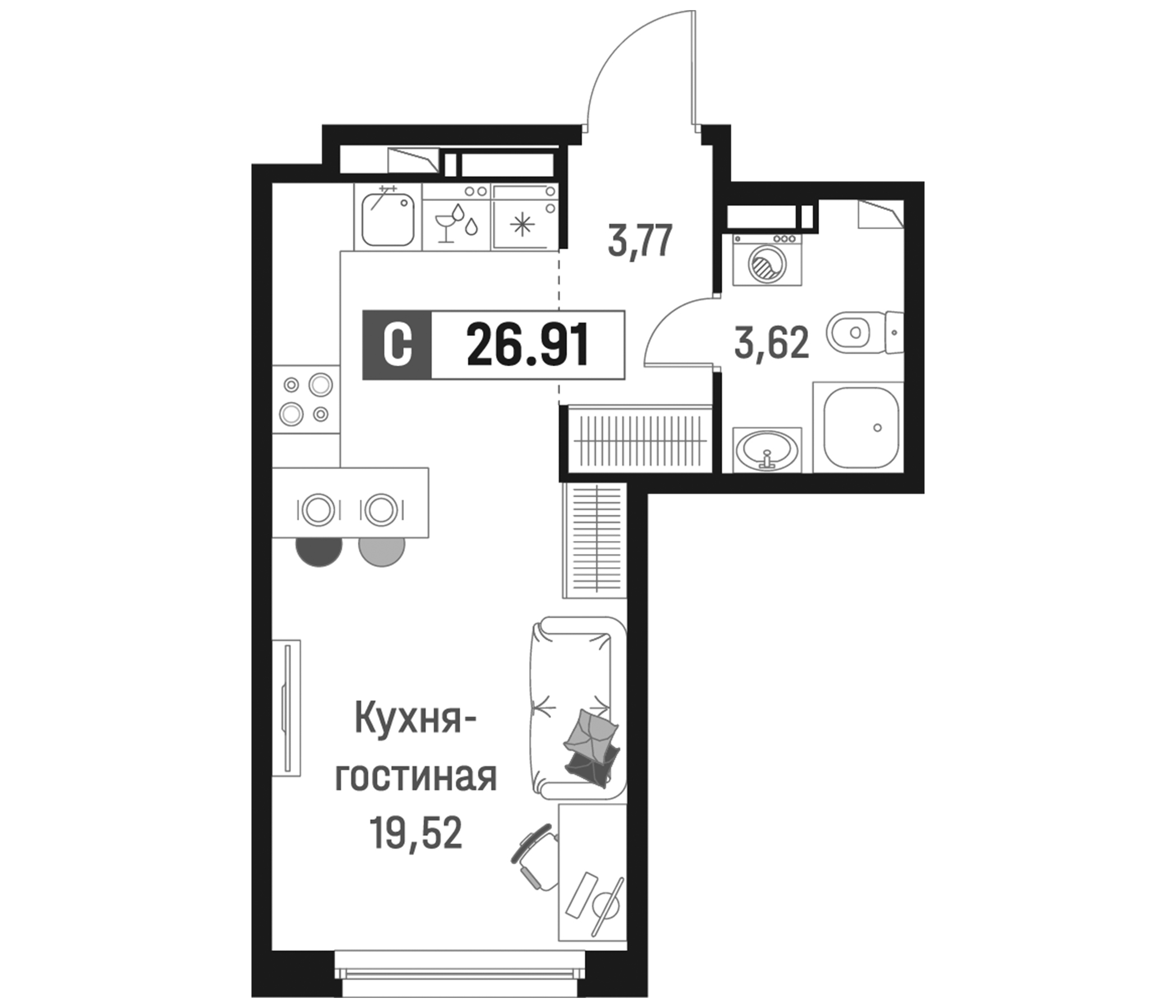 Планировка — Максималист, Студия, 27 м²