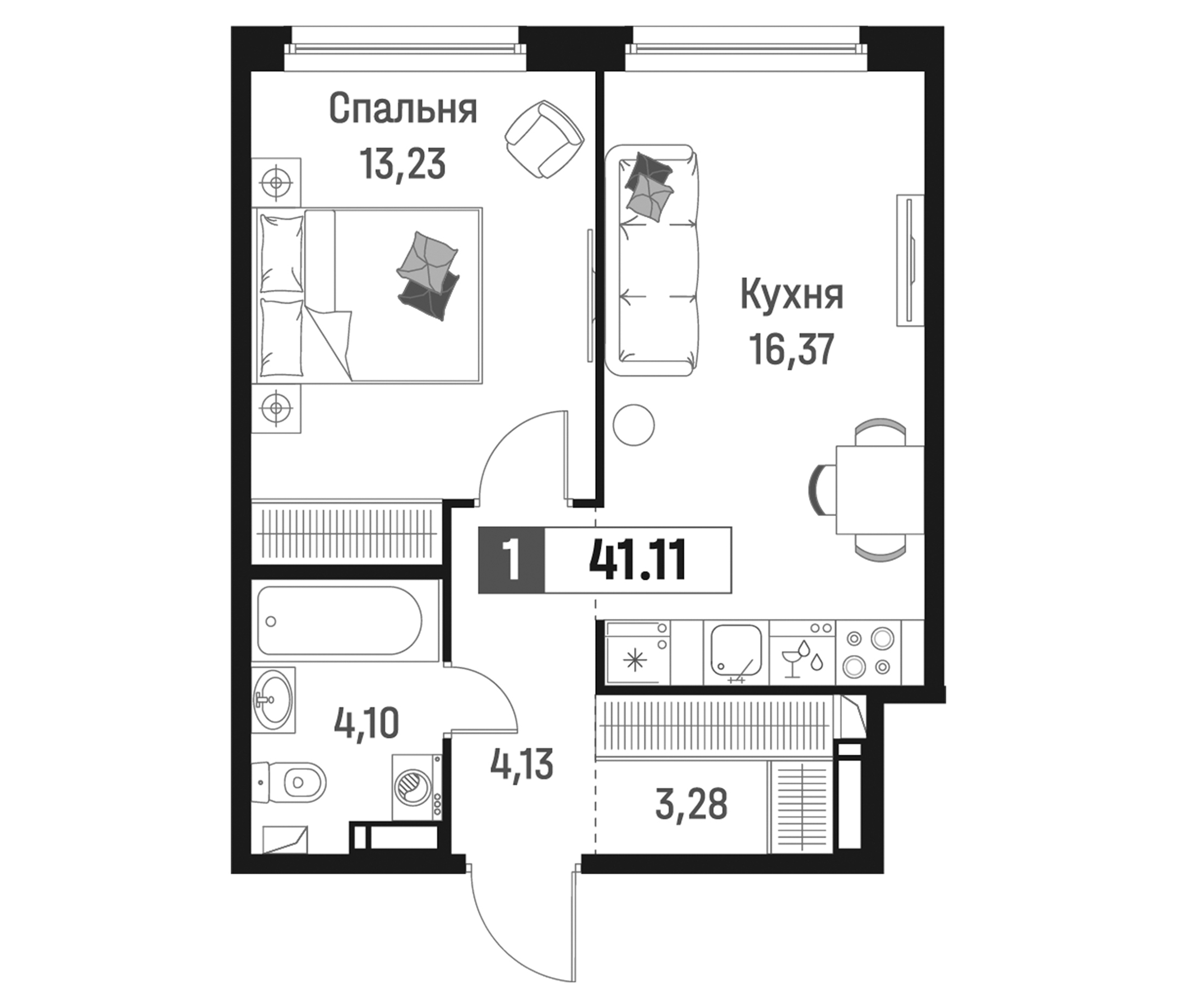 Планировка — Максималист, 2-комн., 41 м²