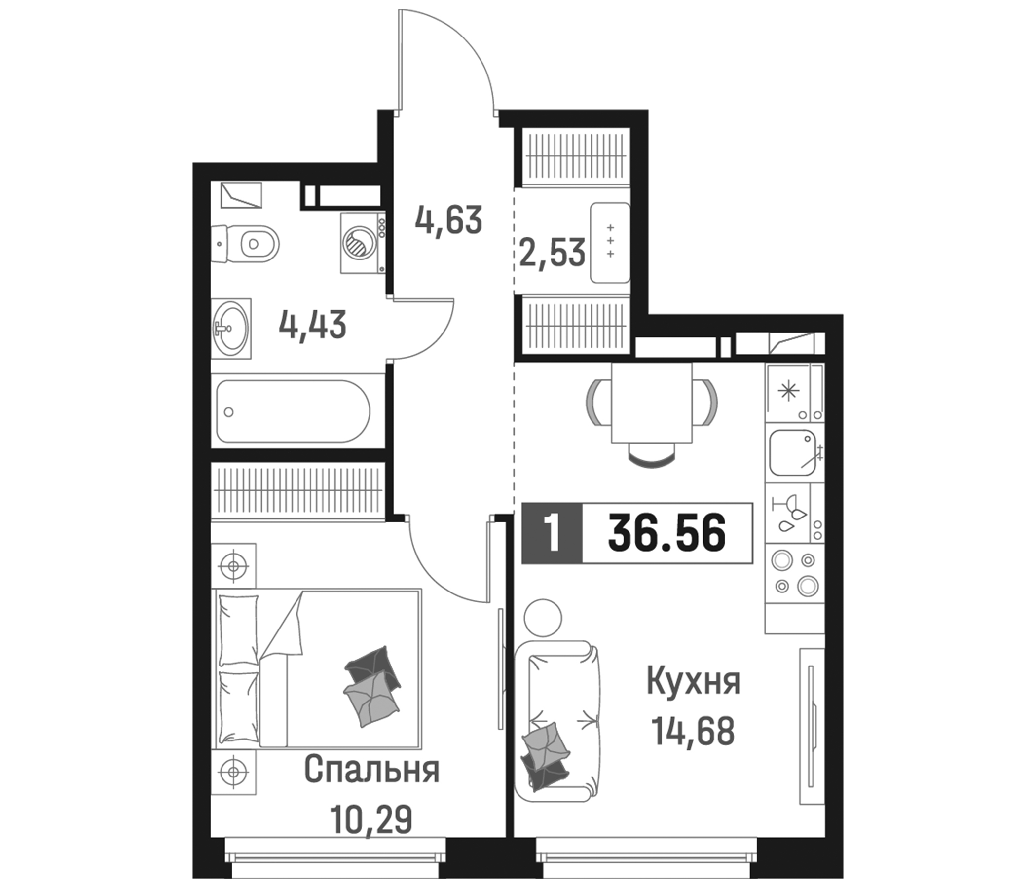 Планировка — Максималист, 1-комн., 37 м²