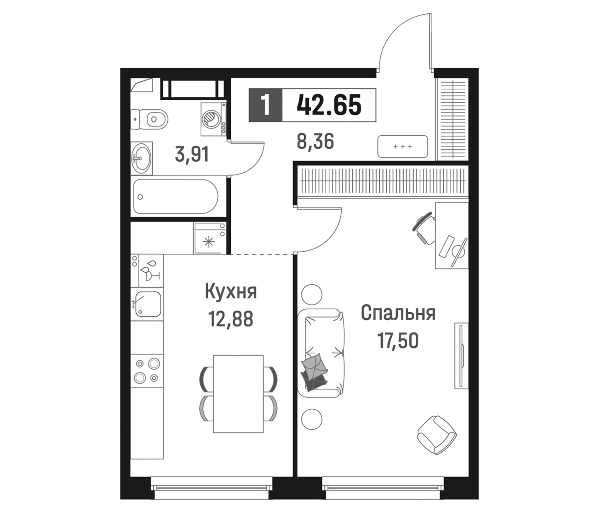 Планировка — Максималист, 1-комн., 43 м²